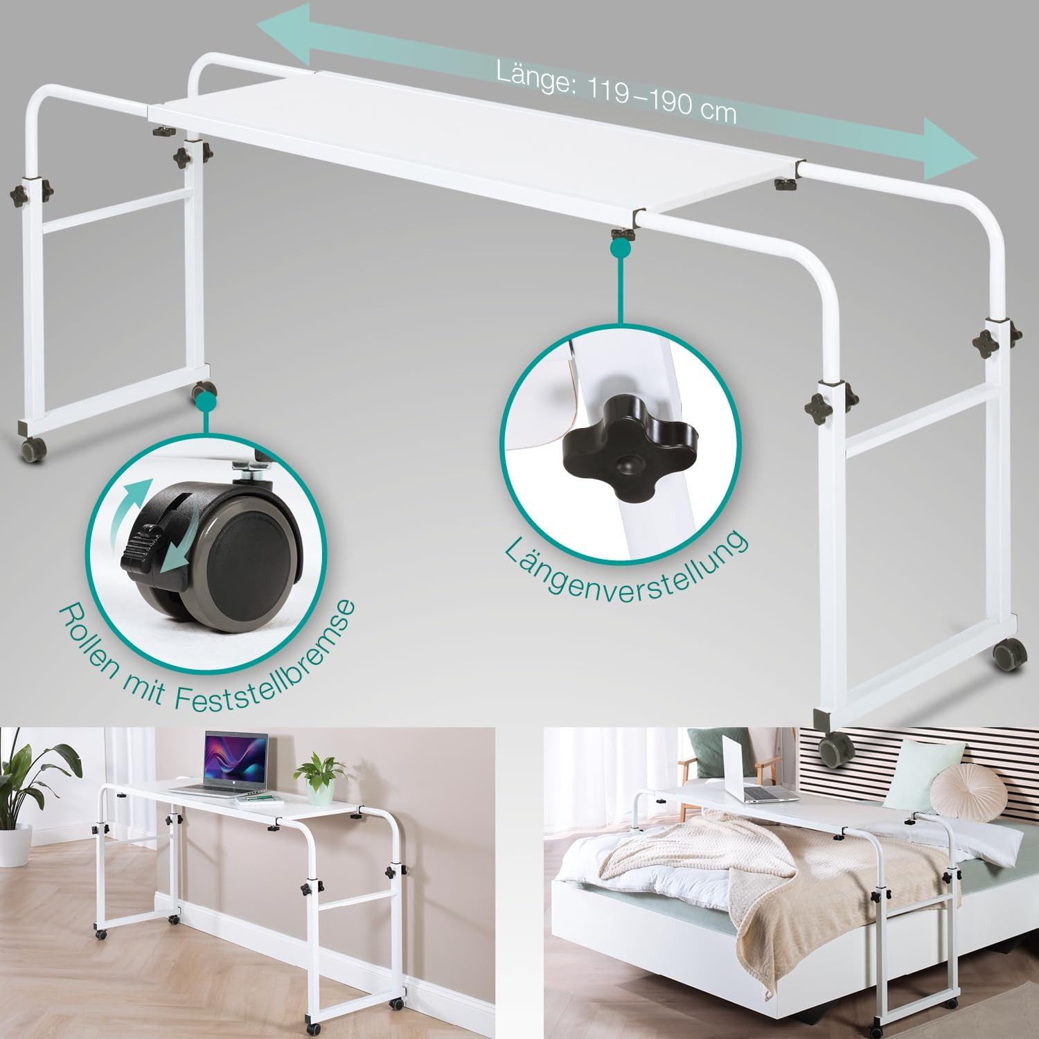 ELONEO Wangentisch Über-Betttisch auf Rollen (Breite 119-190 cm & Höhe 78-120 cm, Vielseitig einsetzbar in Haus & Büro), höhenverstellbar, breitenverstellbar – Bild 4 von 5