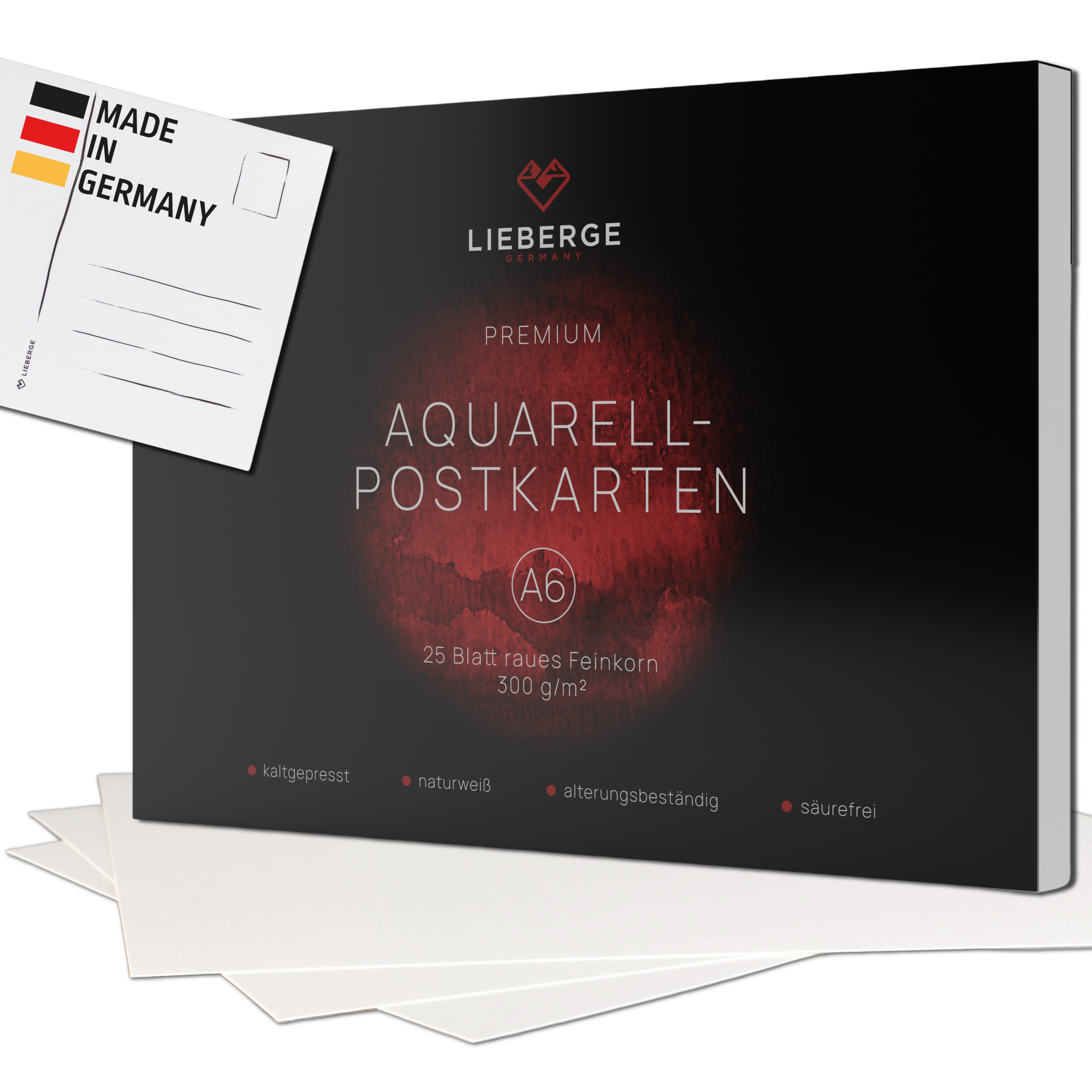 LIEBERGE Aquarellpapier Premium Postkarten A6 300g – made in Germany – 25 Blatt verleimt, 300g/m², grobes Feinkorn, verleimt, Postkarten-Vordruck