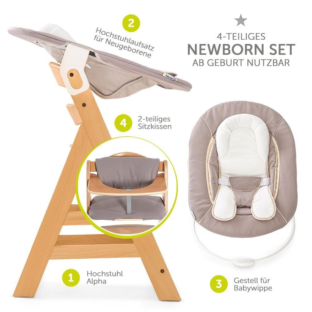 Geburt Set Aufsatz Natur inkl. Sitzauflage (Set, Newborn Alpha Hochstuhl ab & Hauck Plus St), für 4 Holz Babystuhl Neugeborene