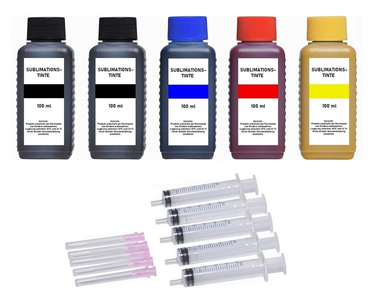 inkpro 5 x 100 ml Sublimationstinte black, cyan, magenta, yellow, Nachfülltinte (für Epson, XP-7100, 6000, 6005, 6100, 6105, 530, 540, 630, 635, 640, 645, 830, 900, 7100, 510, 520, 600, 605, 610, 615, 620, 625, 700, 710, 720, 800, 810, 820, 830, 900, x 500 ml, speziell zum Druck auf Sublimationspapier)