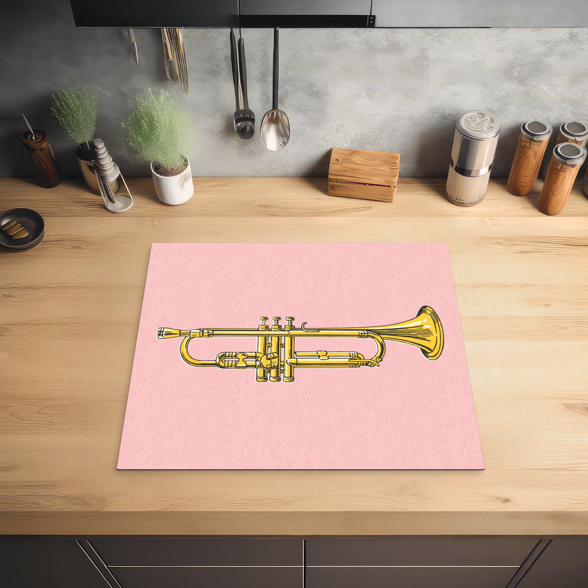 60x52 tlg), nutzbar, Trompete Herdblende-/Abdeckplatte einem Illustration Mobile MuchoWow Hintergrund, Vinyl, Arbeitsfläche cm, auf rosa (1 einer Ceranfeldabdeckung