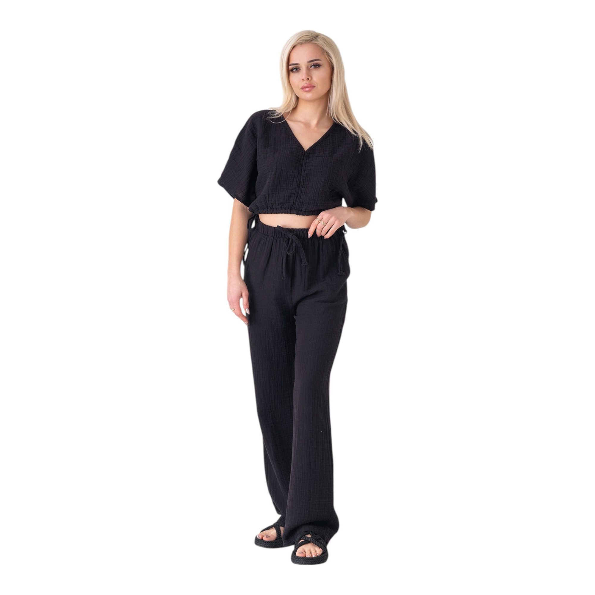 WENOR Palazzohose Damen Musselin-Hose - Sommerhose 100 % Baumwolle, elastischer Bund Weiter Beinverlauf, Musselinstruktur, luftiger Schnitt