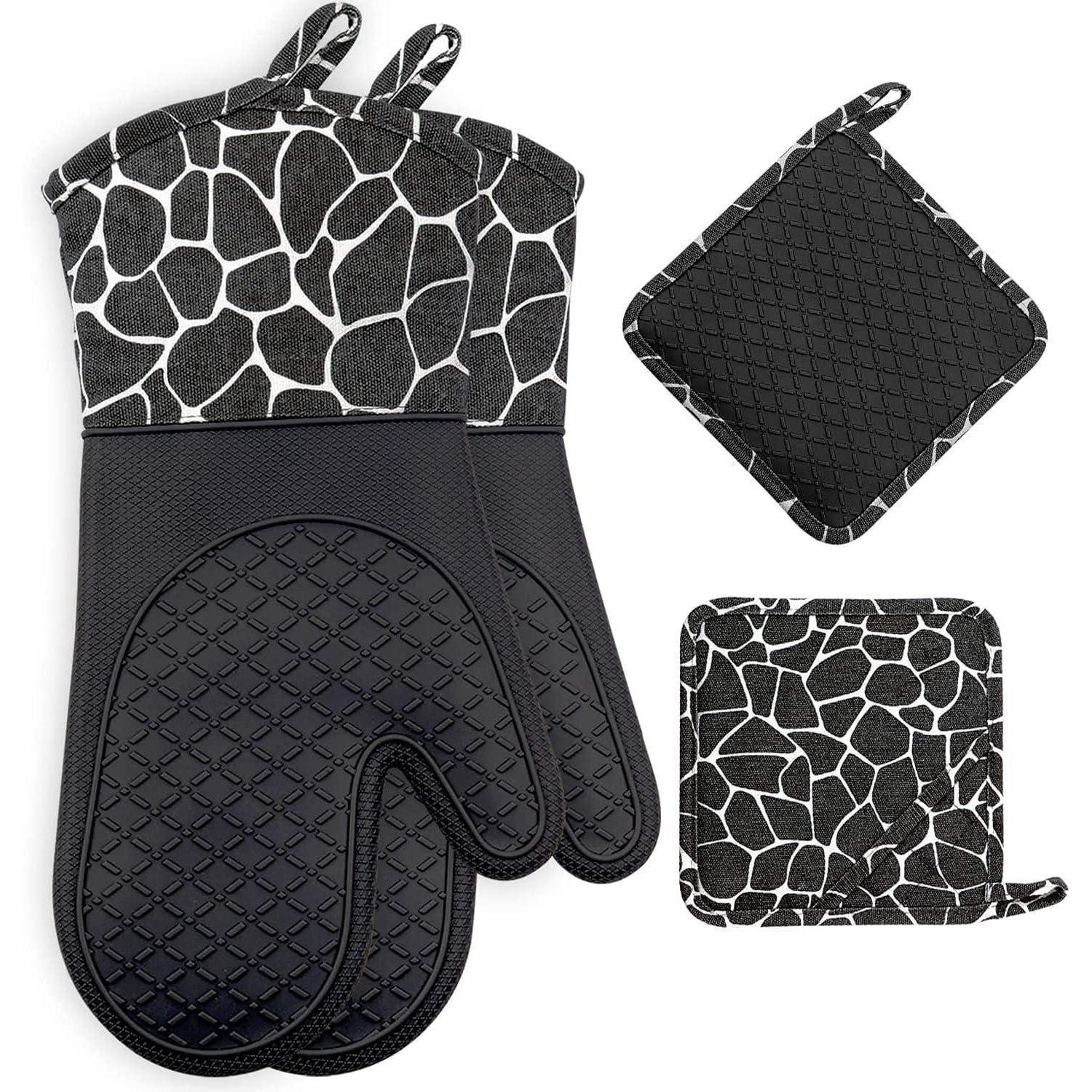 LuxusKollektion Topfhandschuhe Ofenhandschuh Set: Hitzebeständiges Silikon & Baumwolle, 1 Paar + 2