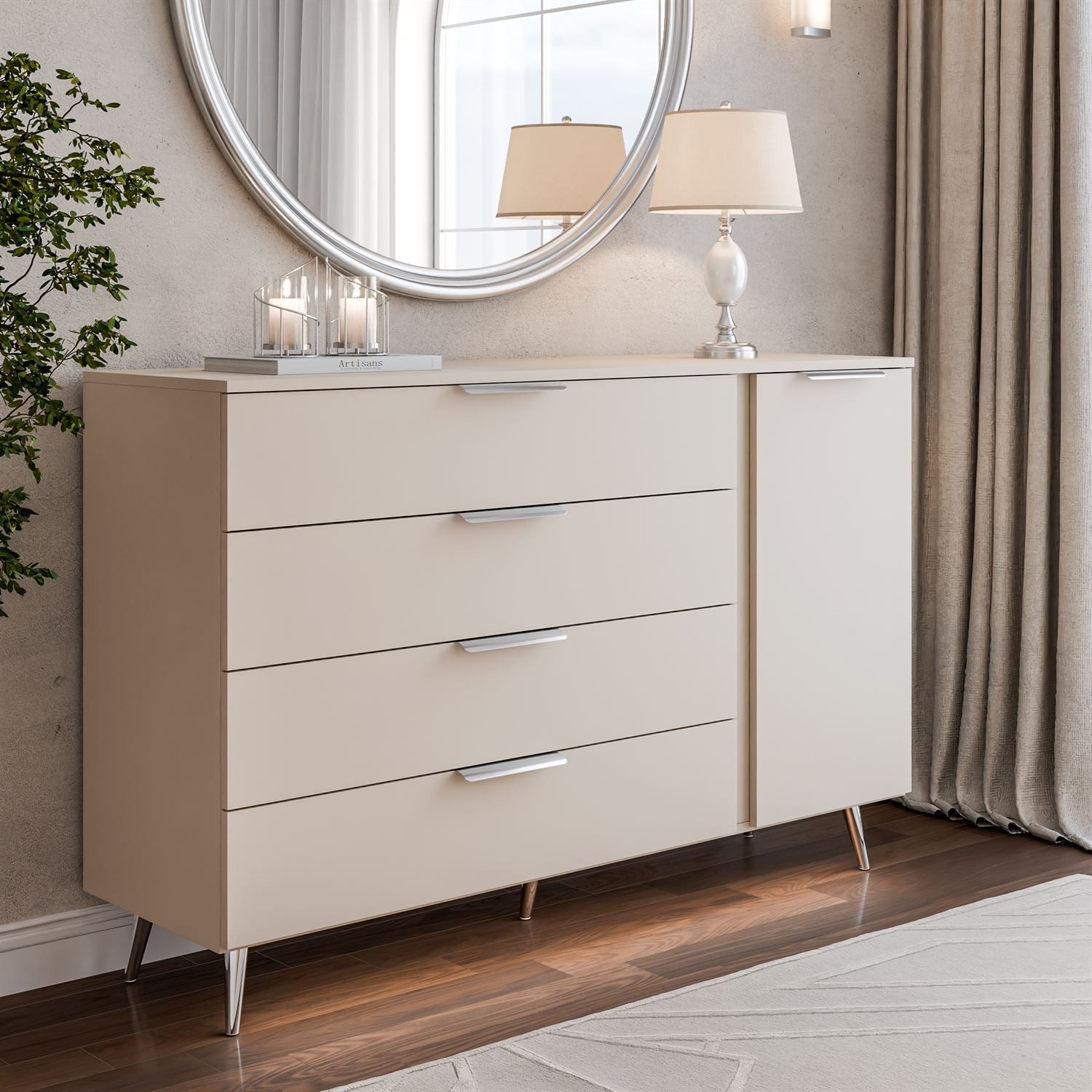 Lookway Kommode LINA KASCHMIR 1D4S mit LED Beleuchtung auf hohen Füßen, 138x90x40 cm – Bild 2 von 5