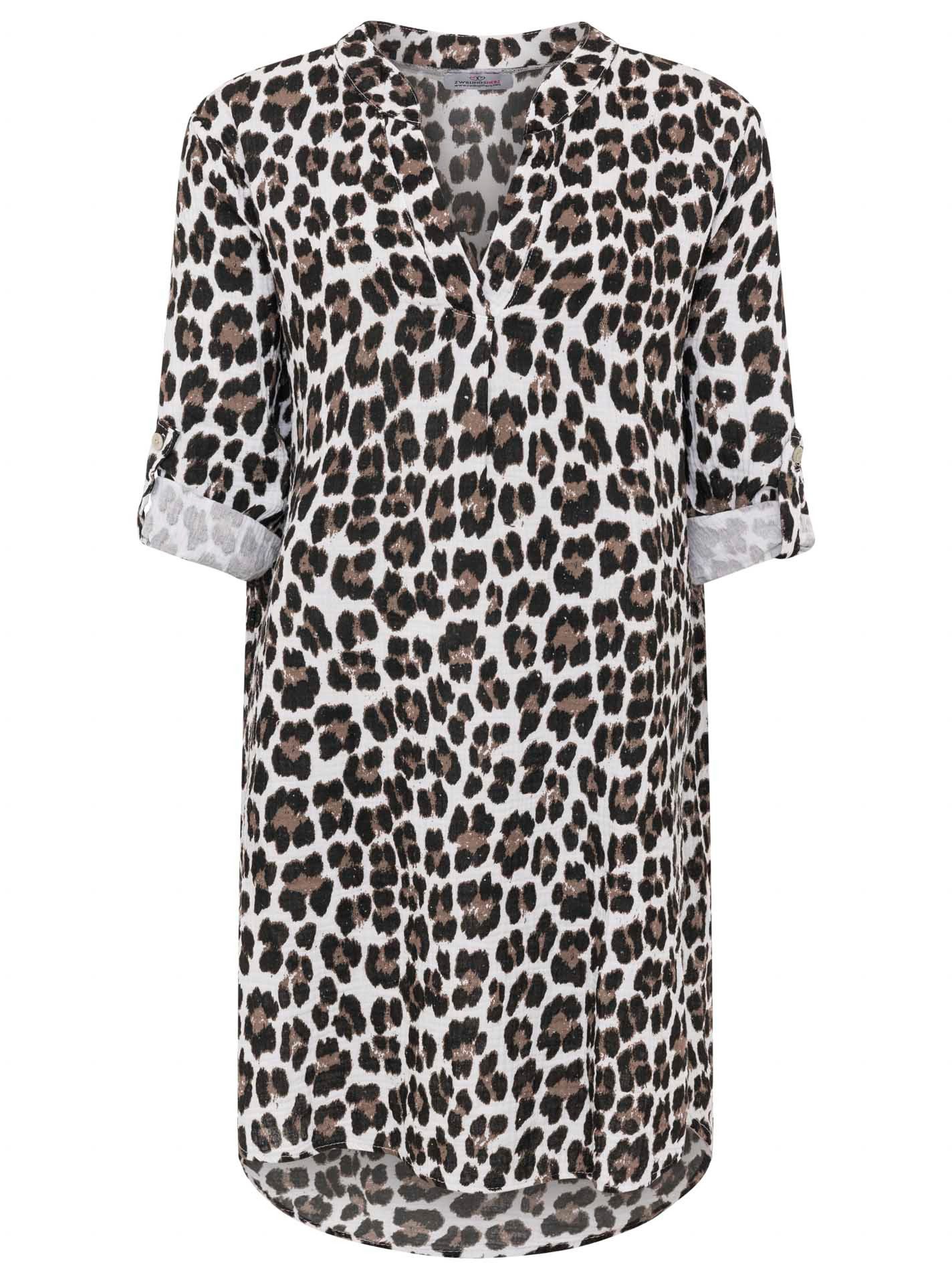 Zwillingsherz Blusentop "Rom" Turn-Up Ärmel, V-Neck. Leo-Muster, Musselin