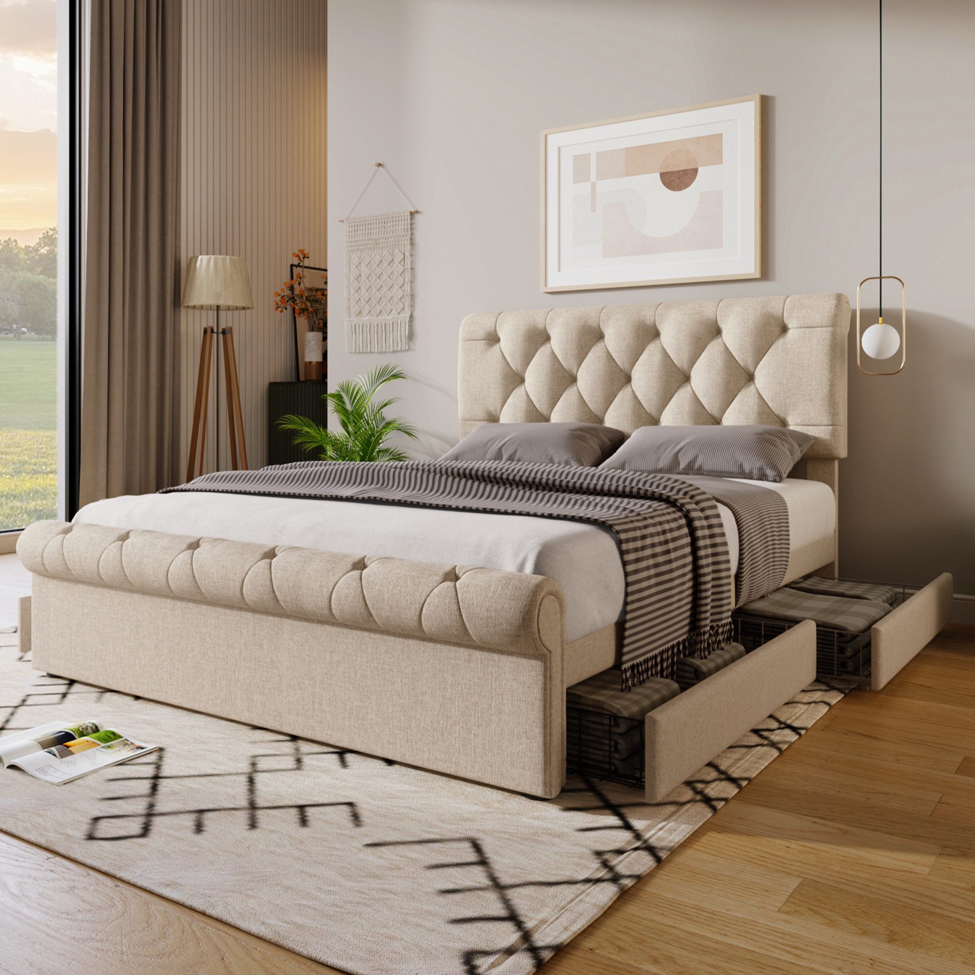 Flieks Polsterbett, Doppelbett mit 4 Schubladen Leinen Bezug 140x200cm günstig online kaufen