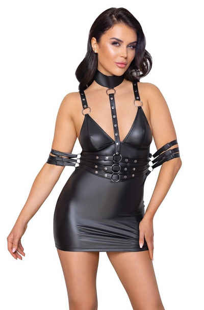 Cottelli Bondage Minikleid Wetlook Kleid mit Halsband und Arm-Fesseln - schwarz