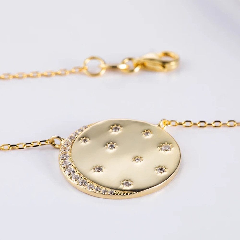 Runde Perlé Kette mit Anhänger mit Gravur Universum mit Mond und Sternen, "Ich Liebe Dich" Gravur, "Believe" Gravur, 925er Silber, 14K Gold, Zirkon