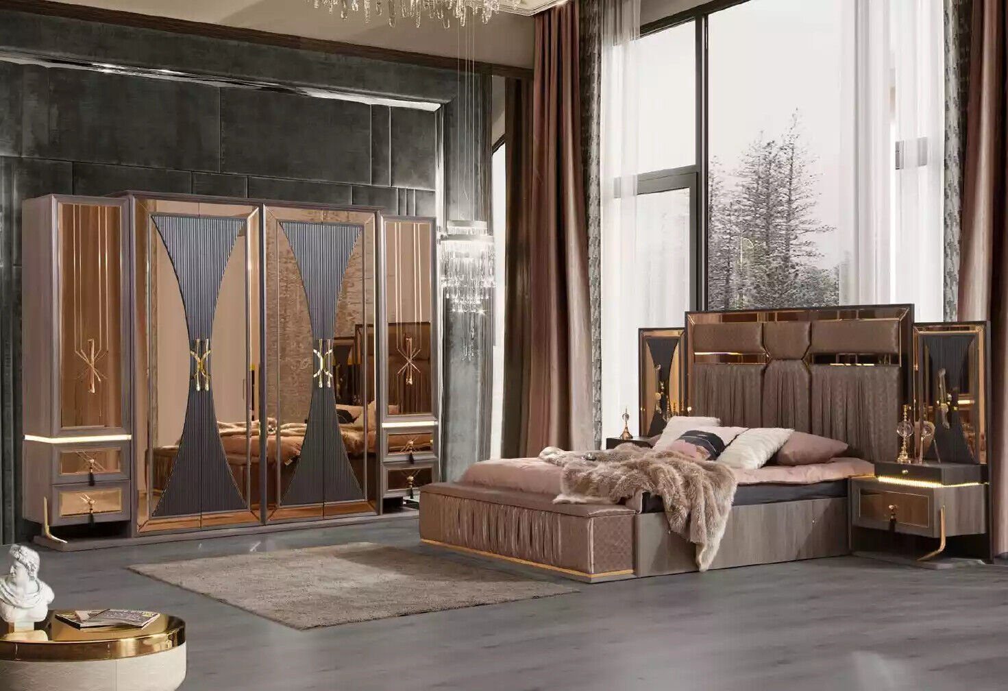 JVmoebel Schlafzimmer-Set Luxus Sofa Beige Garnitur Schlafzimmer Doppelbett Beige Set 5tlg Bett, (5-St., Bett/Bank/2x Nachttische/Kleiderschrank), Made in Europa