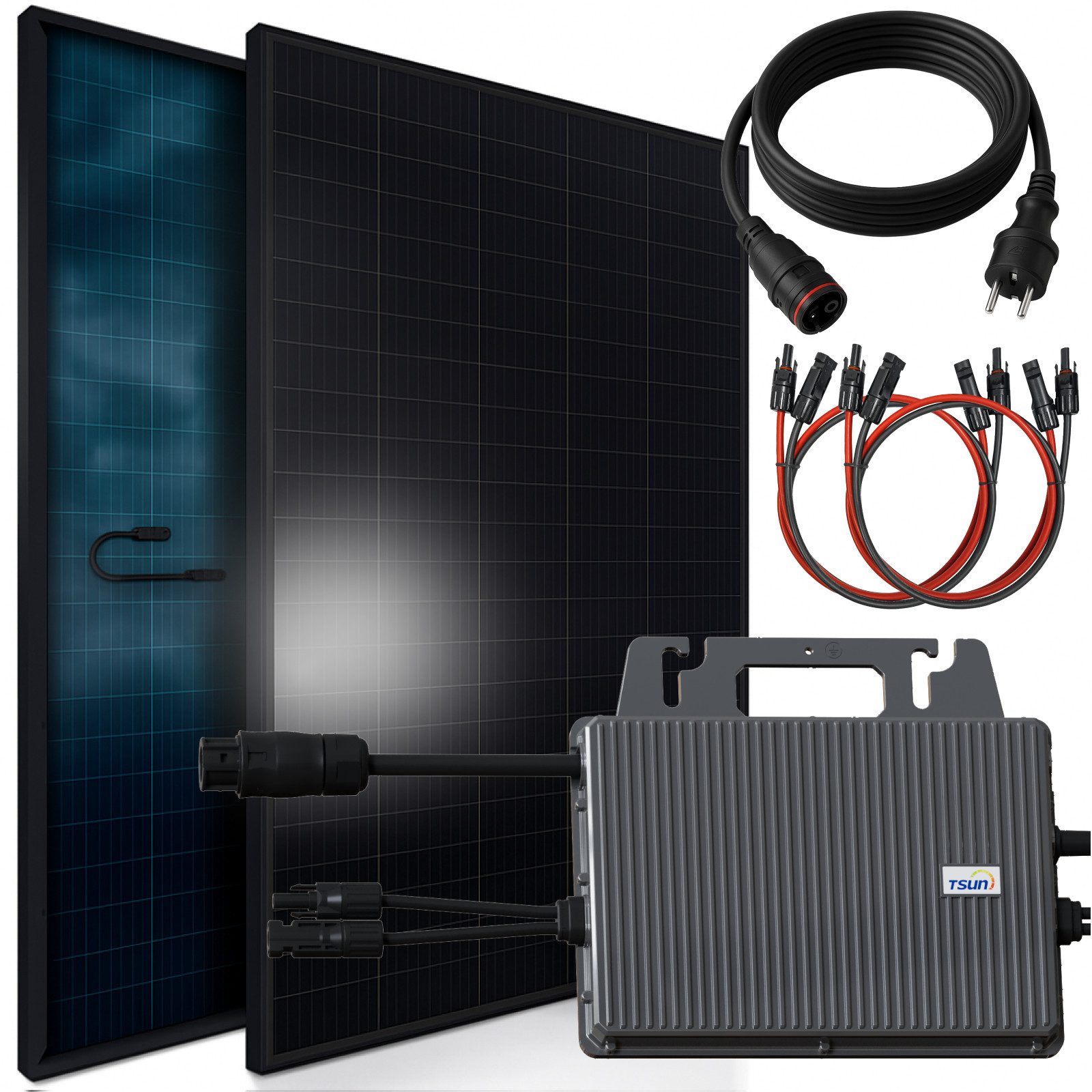 SUNNIVA Balkonkraftwerk 920W BIFAZIAL FULLBLACK komplett Steckdose, (TSUN 800W Wechselrichter, PV Solaranlage, 2x 460W Glas-Glas Solarmodule, inkl. 5m Kabel, Bluetooth WIFI, Komplettset)