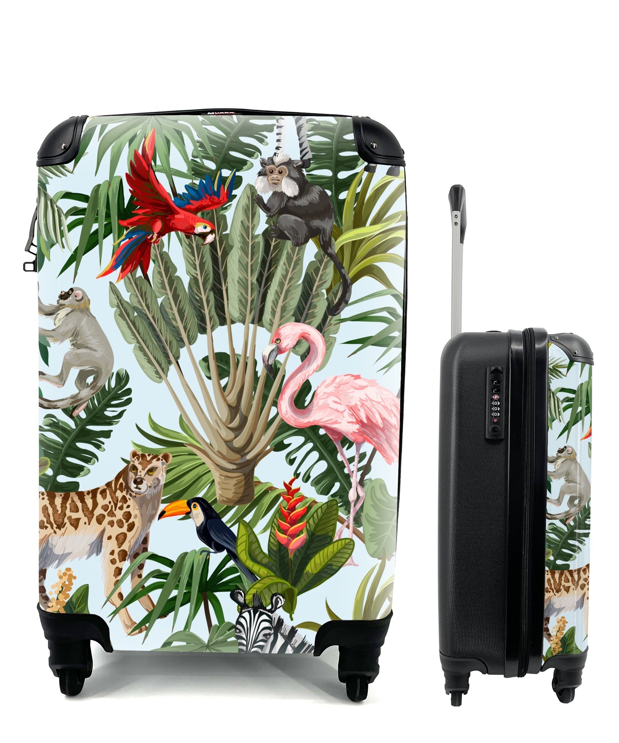 Reisetasche - Reisekoffer Flamingo Trolley, 4 Papagei, Tiere Handgepäckkoffer - - Dschungel Mädchen Jungen MuchoWow für Ferien, Kinder - rollen, - Rollen, mit Handgepäck -