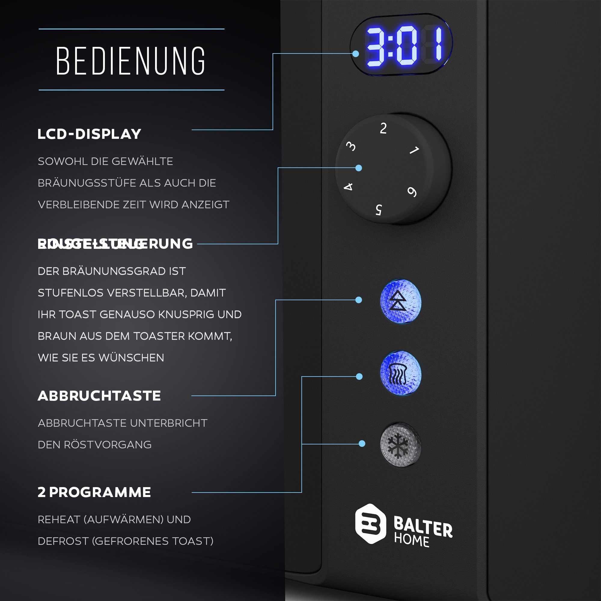 Balter Toaster Toaster TS-04-LCD Edehlstahl Schwarz, Langschlitz, für bis 4 Scheiben, 1500 W, LCD Anzeige