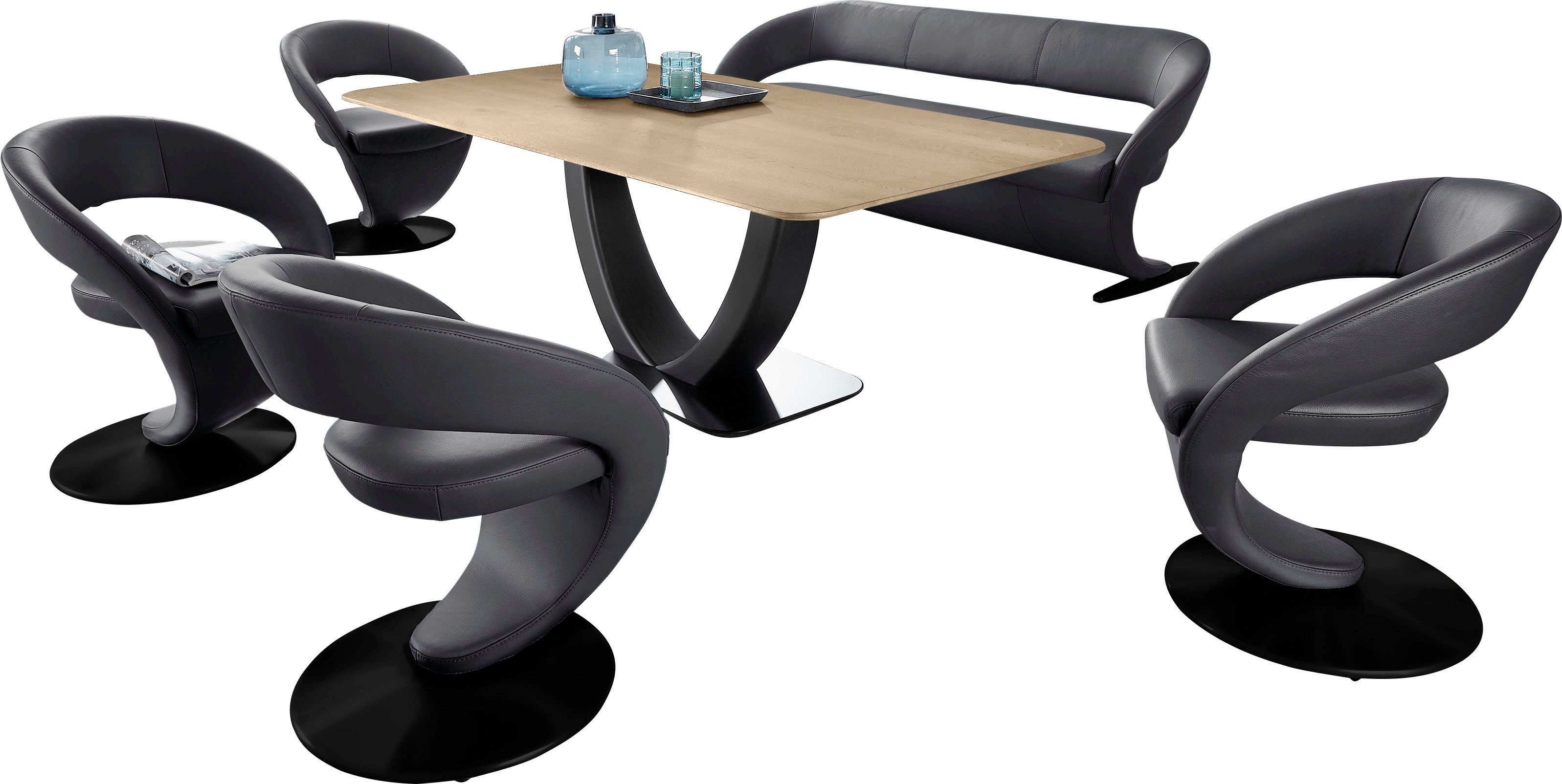 (Set), Tisch Wave, Komfort K+W 4 Wohnen mit Essgruppe & Design-Solobank 180x90cm in Design-Drehstühlen und