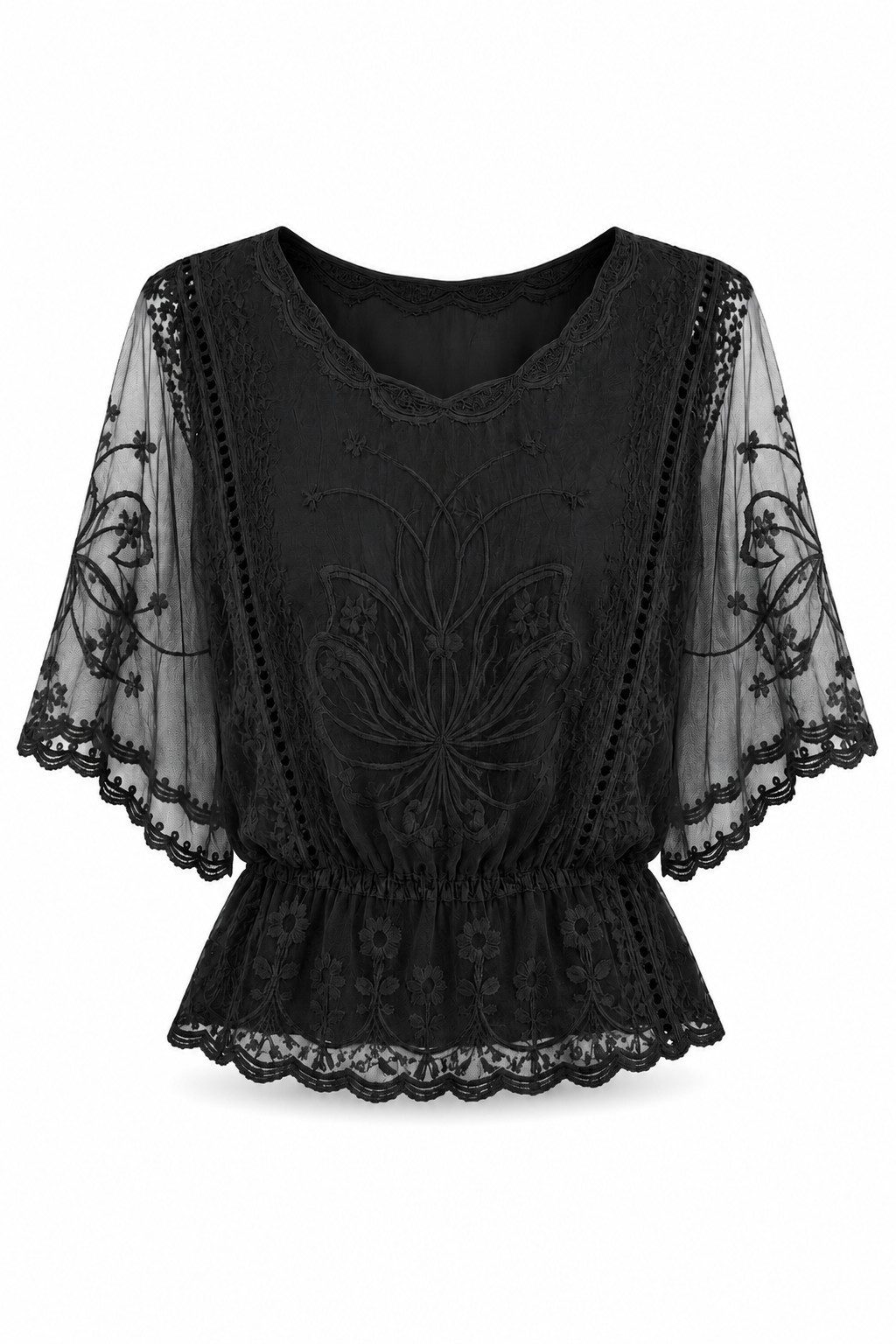 ITALY VIBES Spitzenbluse - Damen Spitzenbluse mit Lochstickerei, Boho Sommerbluse, Kurzarm ONE SIZE, passend für Größe XS bis L