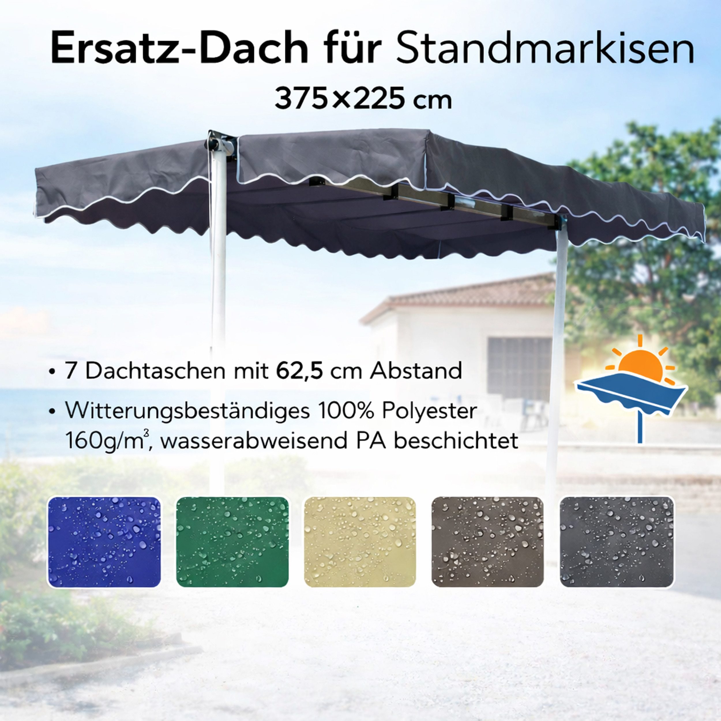 Quick Star Standmarkise Ersatzdach Markiese Dubai 375 x 225 cm - Mehrere Farben (1x Ersatzdach ohne Gestänge) Farbe: Grau RAL 7012 – Bild 3 von 5