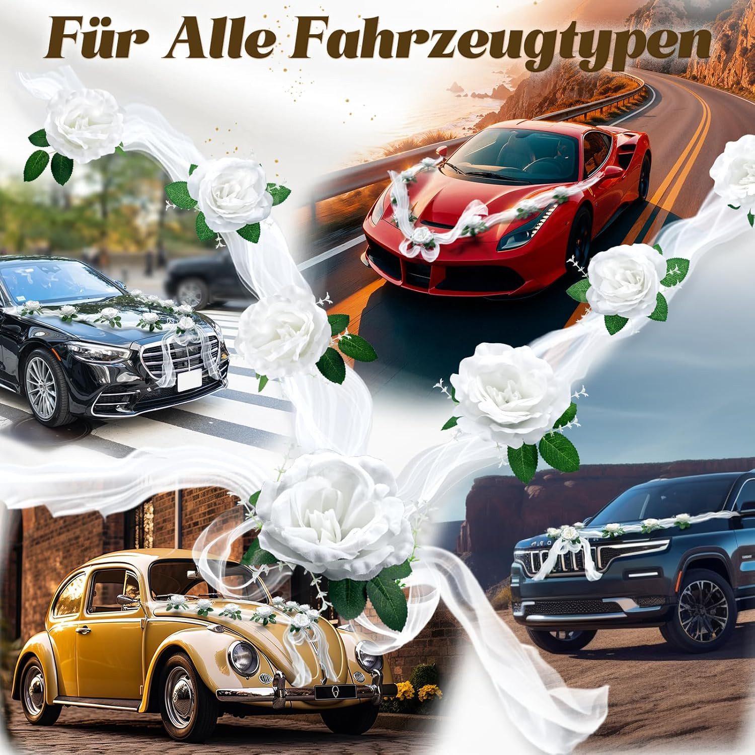 FELIXLEO Dekohänger Autoschmuck Hochzeit Deko Rose Motorhaube Blumenschmuck Weiß (1 St) – Bild 5 von 5