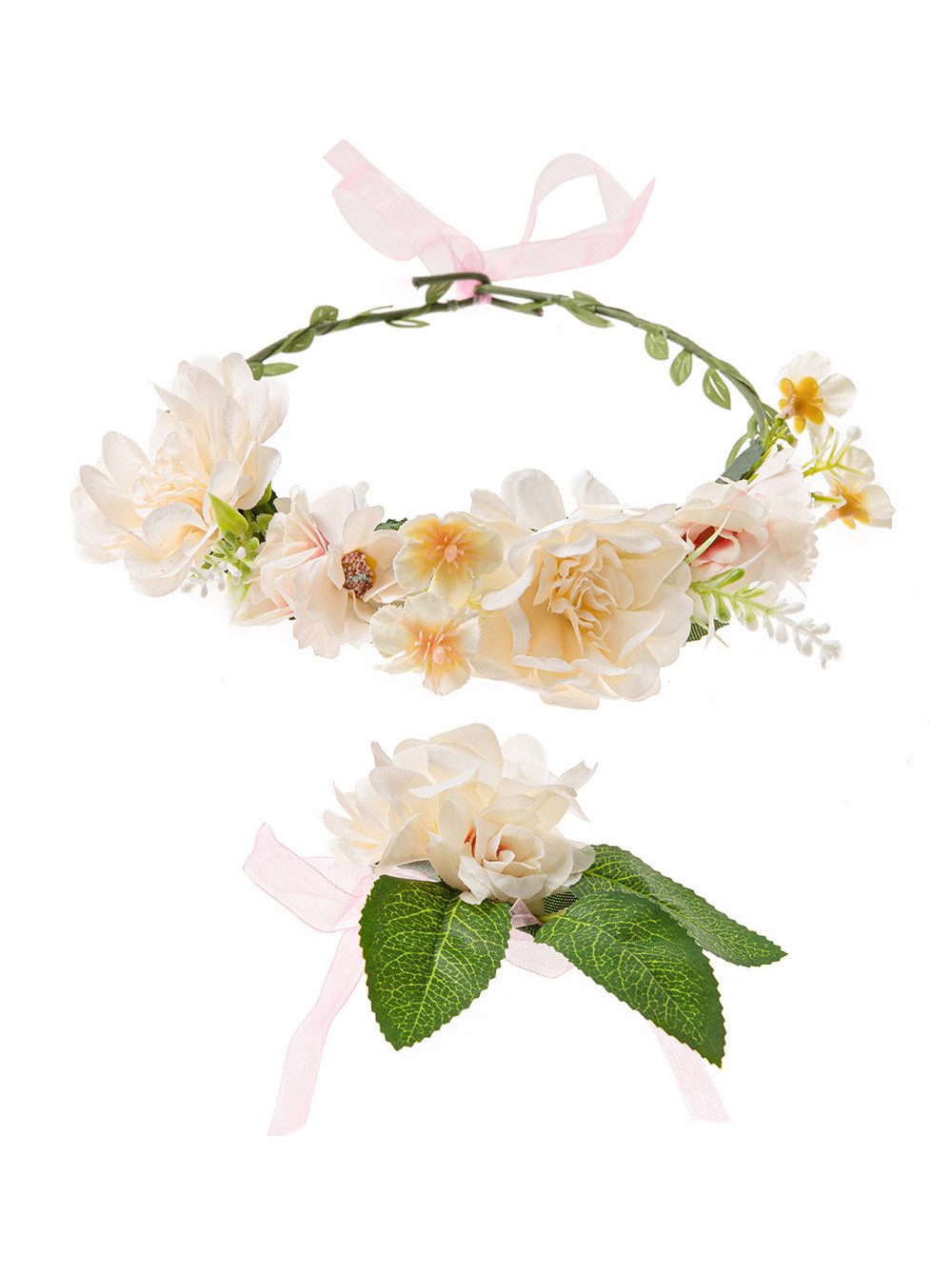 axy Diadem Haarkranz Blumen Blumenkranz Damen Mädchen Stirnband (Blumenkranz und Blumenarmband als Set), Verstellbarer für Hochzeit Karneval Festival