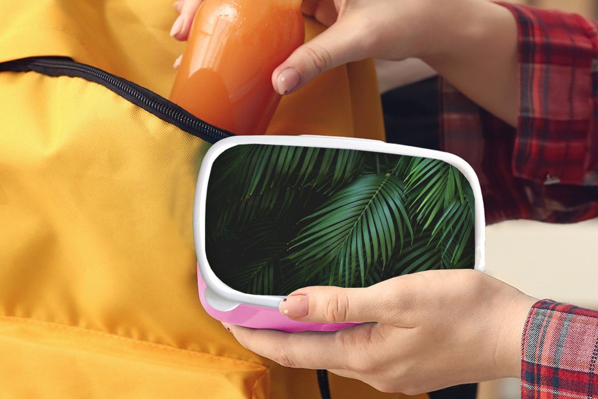 Tropisch, MuchoWow (2-tlg), Mädchen, Kunststoff Snackbox, Kinder, Erwachsene, Palmenblätter Lunchbox - für Brotdose - rosa Palmen Kunststoff, Brotbox
