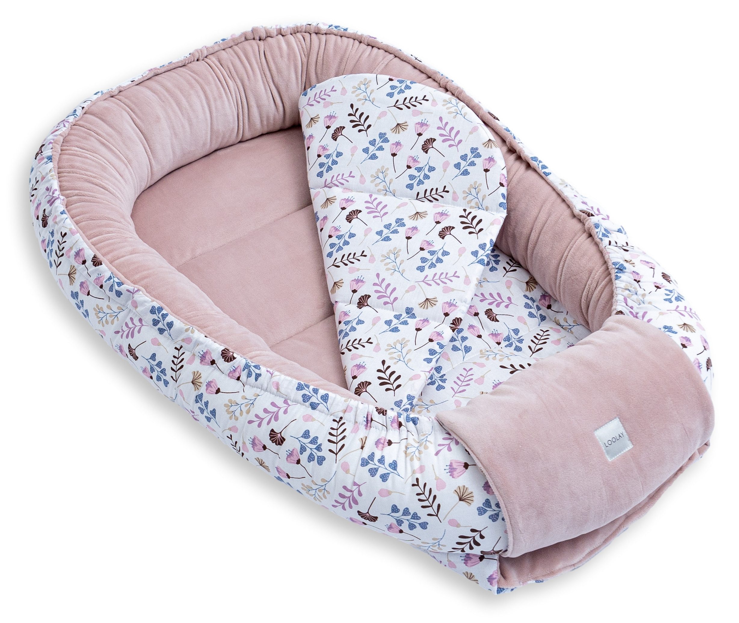 Loolay Kuschelnest BABYNEST 5 TLG. Set PREMIUM Babyausstattung Baumwolle & Samt Velours, (MUSTER: ROSA Samt Velour/ Blumen Rosa, 5-tlg., Liebevoll handgefertigt – Bild 4 von 5