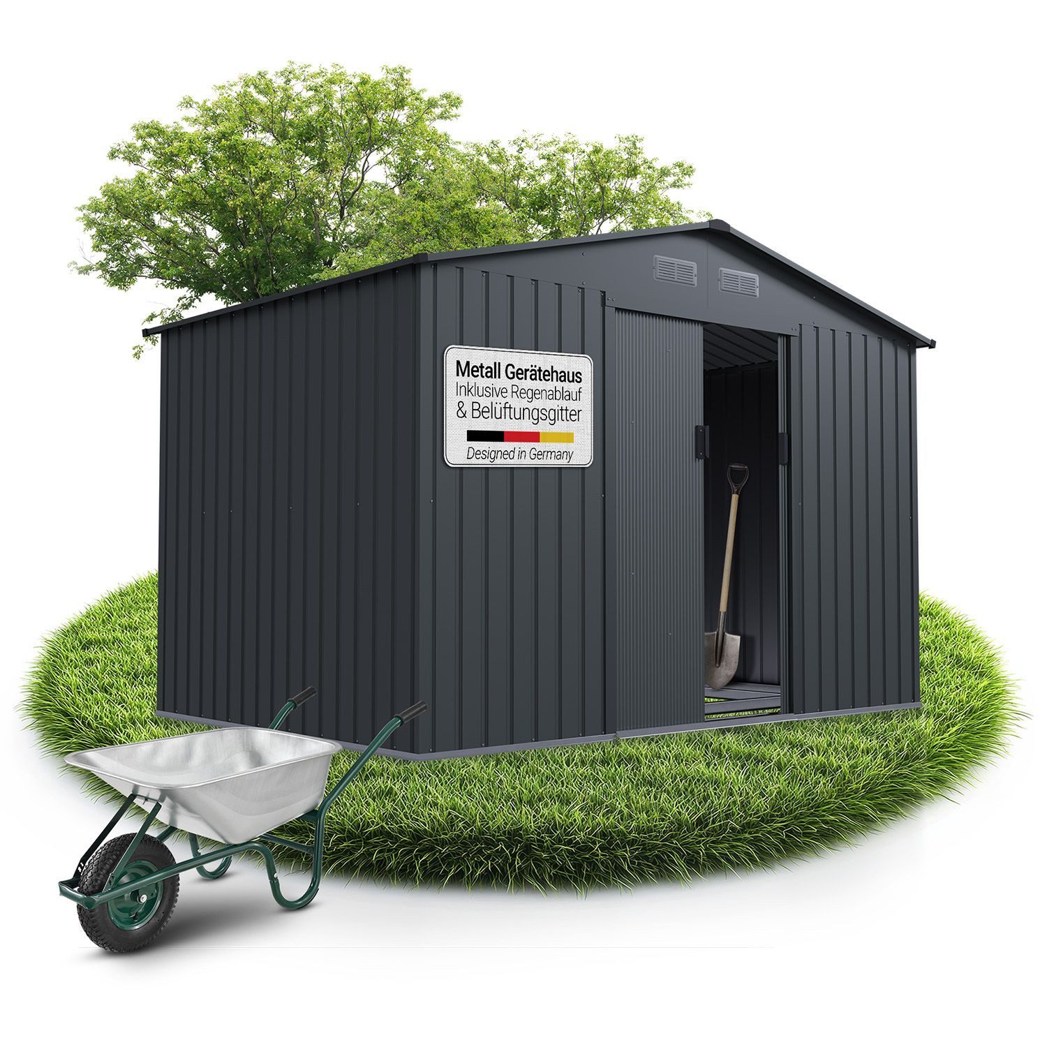 Juskys Gartenhaus XL, BxT: 280x196 cm, mit Satteldach, Schiebetür, Fundamentrahmen & 9 m³