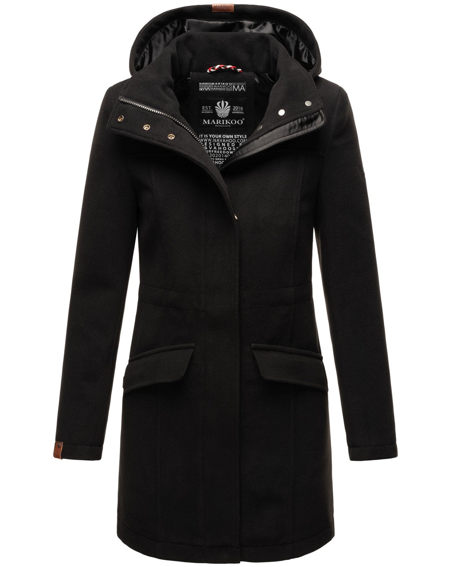 Marikoo Winterjacke Leilaniaa Mantel in schwarz abnehmbarer Woll mit Kapuze Optik