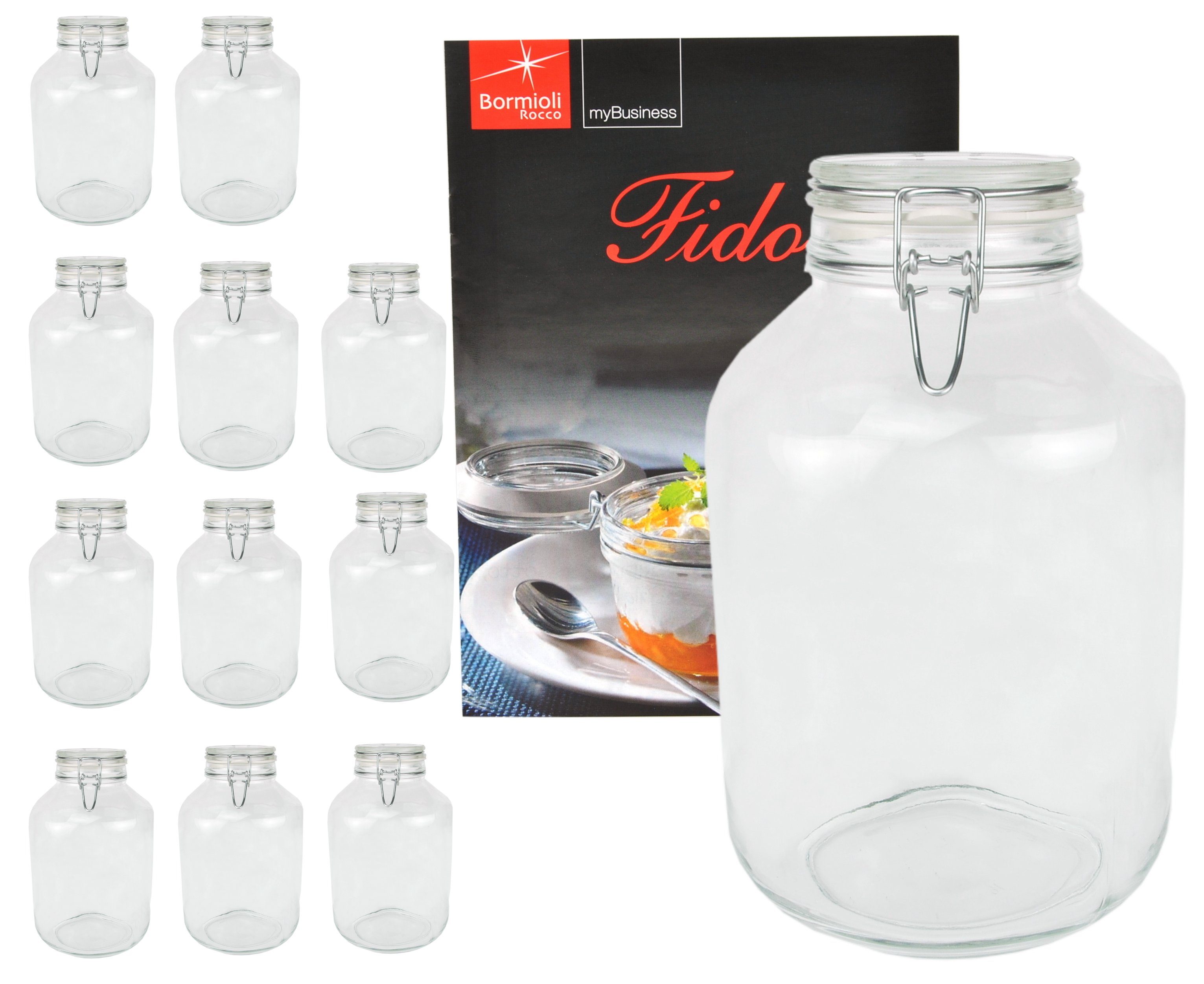 MamboCat Vorratsglas 12er Set Einmachglas Bügelverschluss Original Fido 4,0L incl. Bormioli Rezeptheft