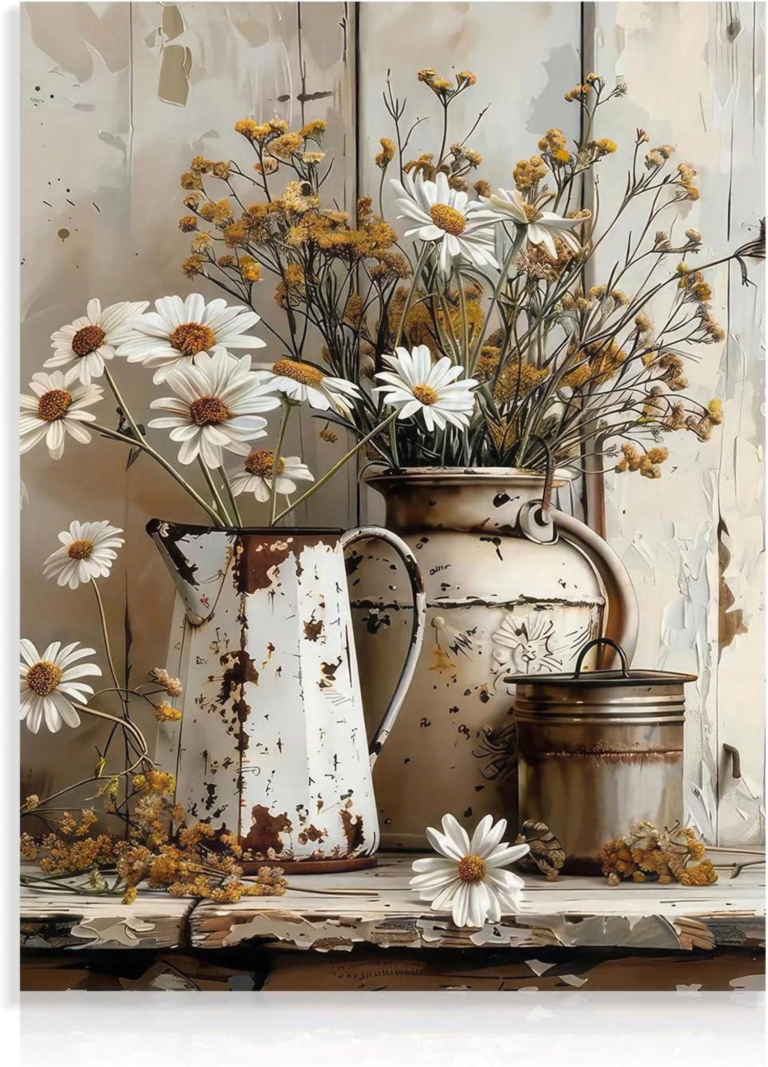 Leinwandbild Rustikales Gänseblümchen Blumen Wandbild Vintage Land Leinwand