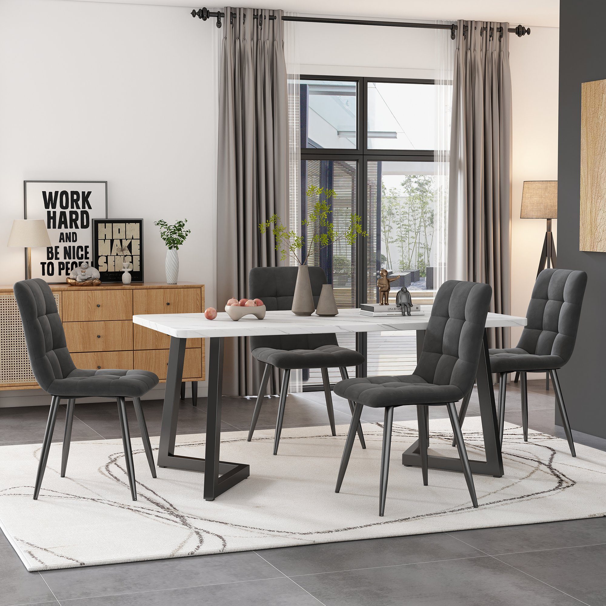 Stühlen Esszimmerstuhl, 4 mit Set Küchetisch Metallbeine Flieks Esstisch (5-tlg), Essgruppe,