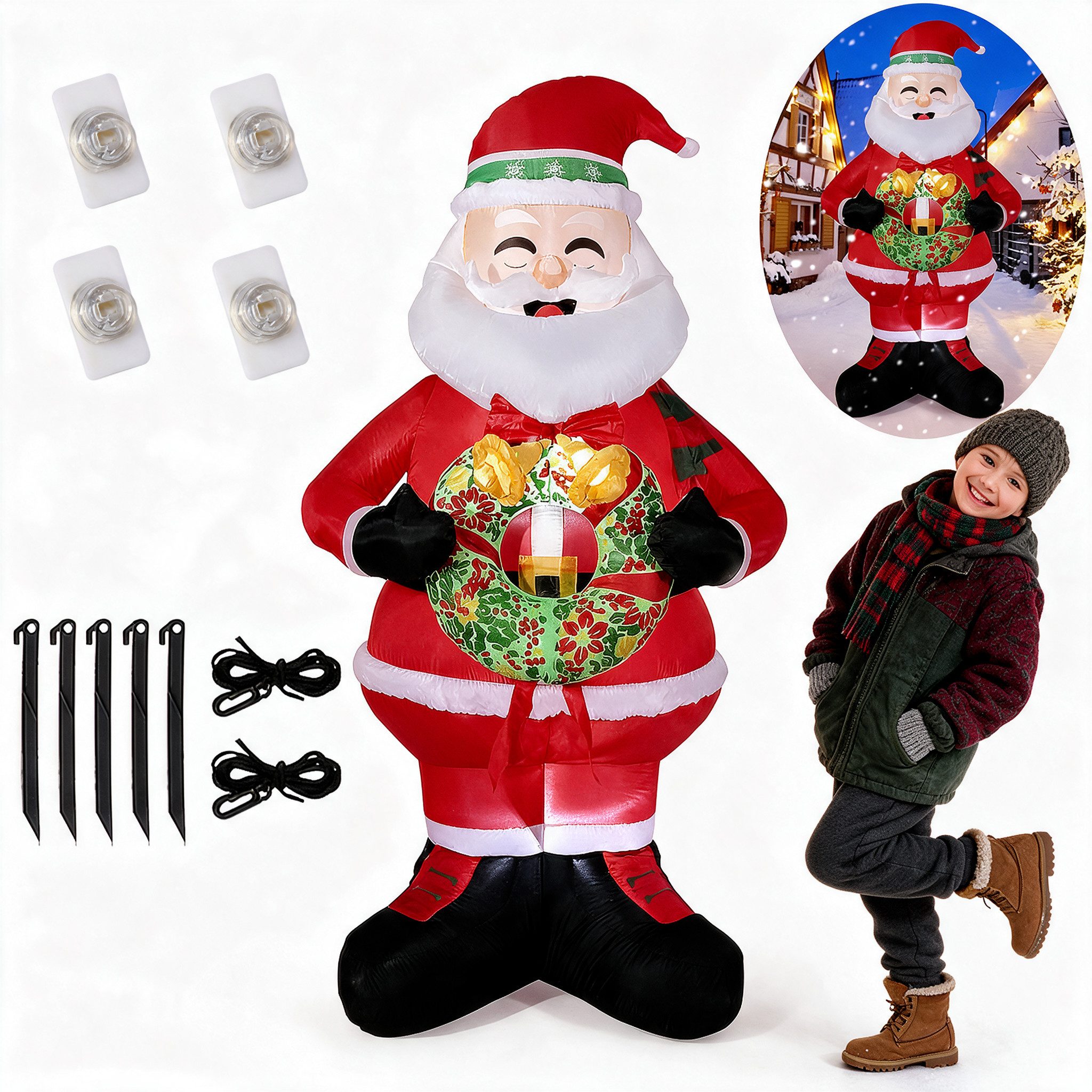 WOWDSGN Weihnachtsfigur Aufblasbarer Weihnachtsmann 150cm mit Kranz, LED Beleuchtung, mit Gebläse IP44 Wasserdicht, Innen und Außen, für Garten Hof Rasen – Bild 3 von 5