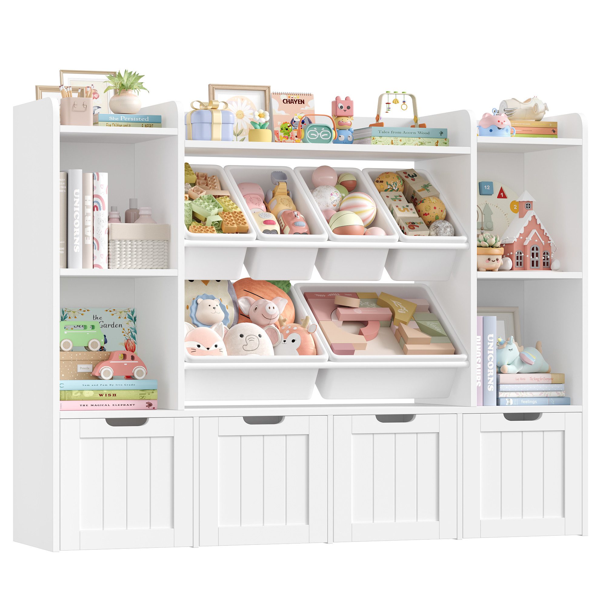 Homfa Kinderregal mit 4 Spielzeugkisten auf Rollen und 6 Boxen, Spielzeugregal mit 7 offenen Fächern Spielzeugtruhe 139.5 x 106 x 30cm