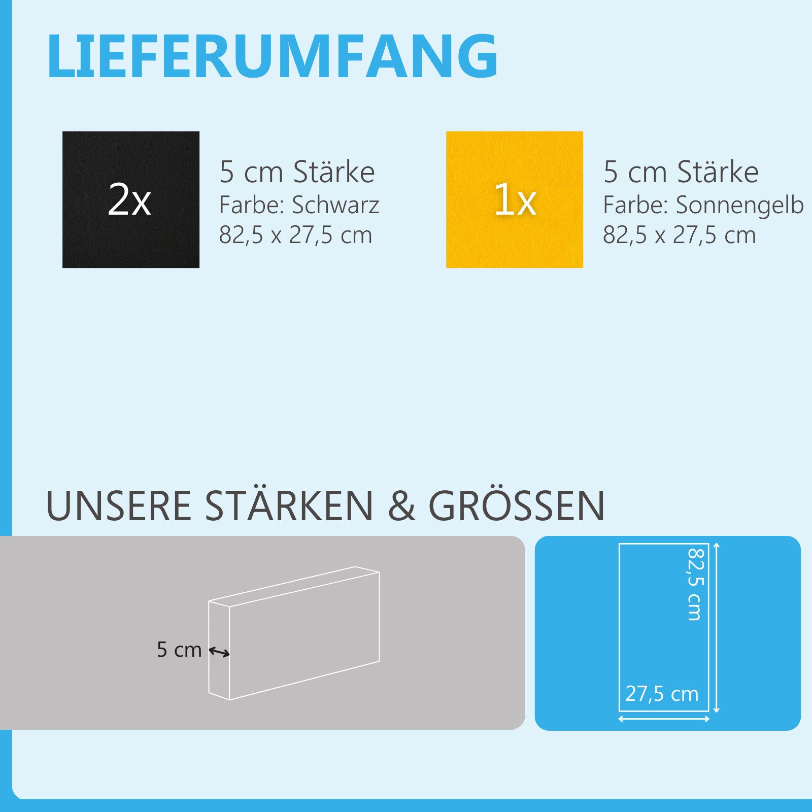 platino24 Akustikplatte 3 Rechtecke aus Basotect ® G+ in Schwarz + Sonnengelb