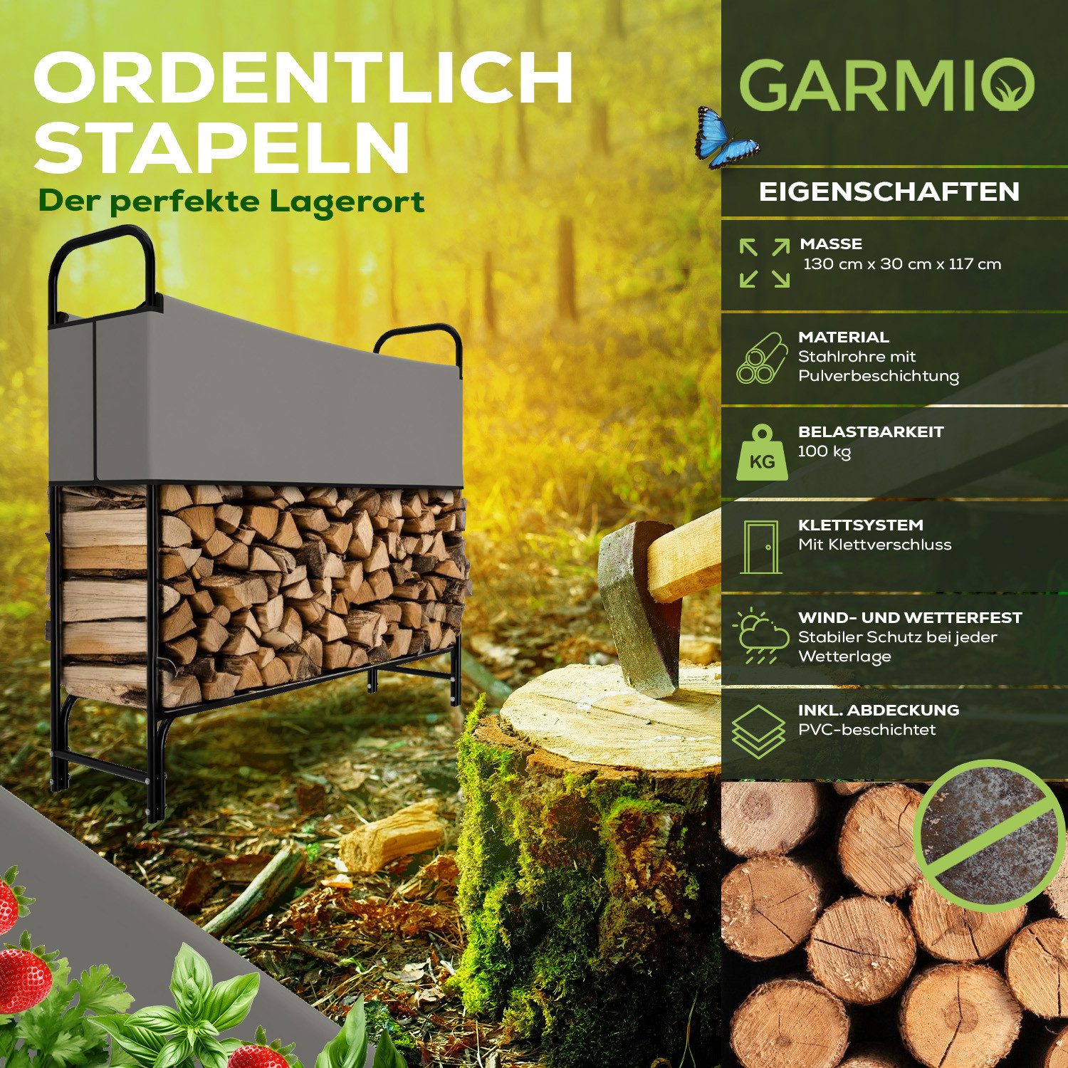GARMIO Kaminholzregal Kaminholzregal Metall Brennholzregal Kaminholzunterstand, (Stapelhilfe für Indoor und Outdoor, einfache Lagerung), mit Abdeckung, pulverbeschichtet 130x30x117cm