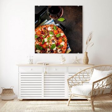 Primedeco Glasbild Wandbild Quadratisch Pizza und Rotwein mit Aufhängung, Speisen