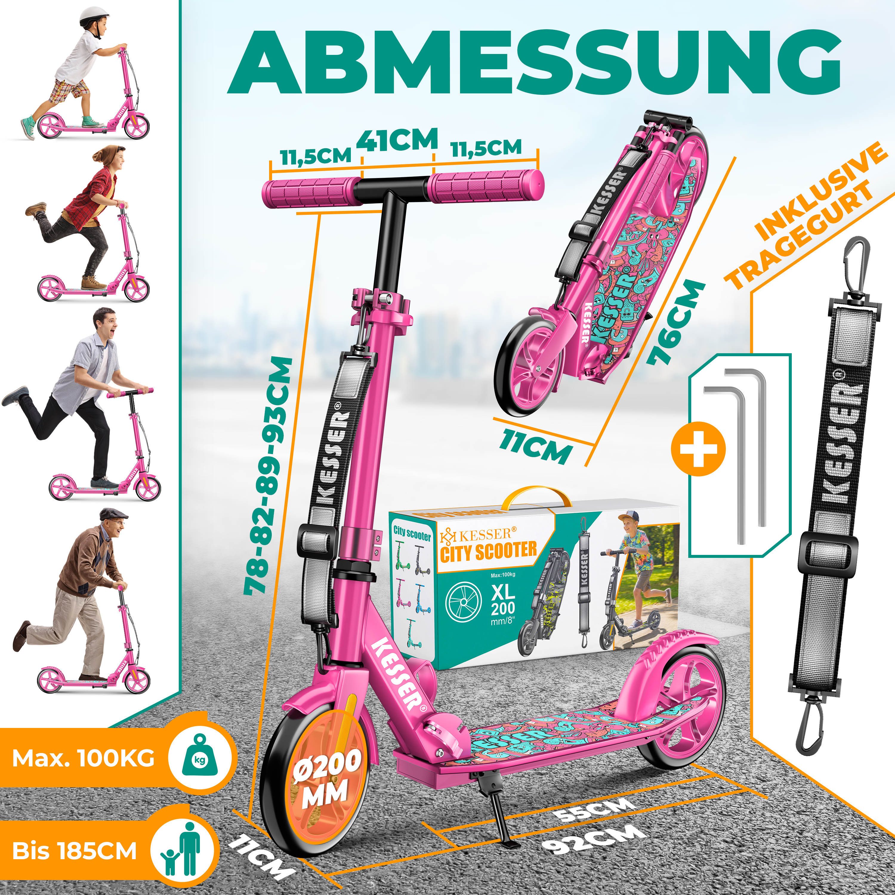 KESSER Scooter mit Hinterradbremse & rutschfeste Trittfläche, bis 100kg & 185cm Körpergröße, klappbar höhenverstellbar – Bild 2 von 5