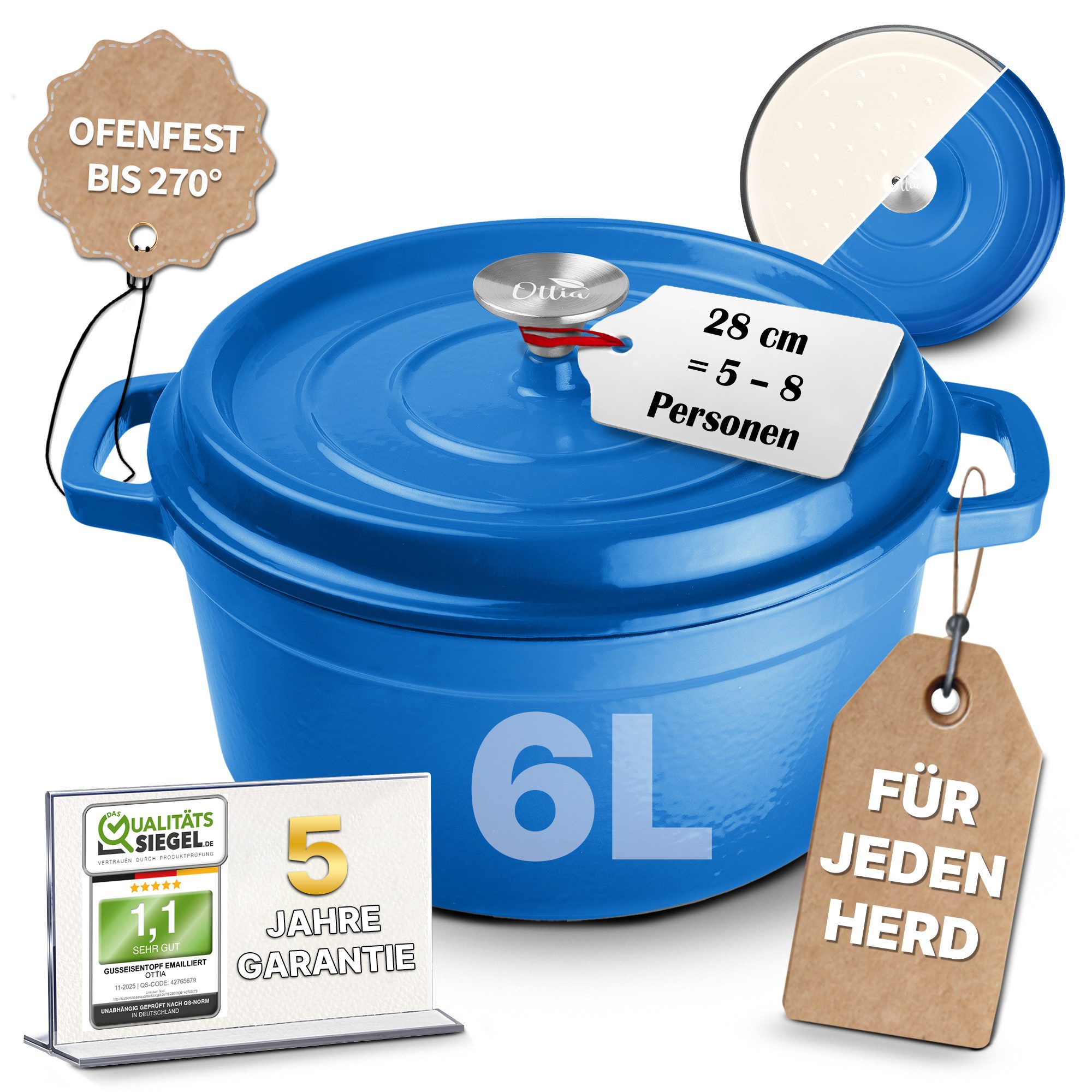 Ottia Schmortopf Gusseisen Topf, Brottopf, Bräter, Größen Ø22-28cm, alle Herdarten, Gusseisen, 3-lagige Emaille (28cm / 6L, inkl. E-Rezeptbuch und Garantie), Händler aus Hamburg