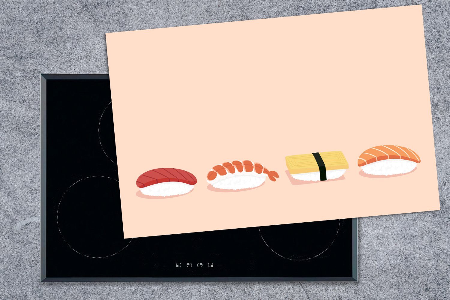 MuchoWow Herdblende-/Abdeckplatte Sushi auf Schutz Hintergrund, für die (1 Illustration küche, Induktionskochfeld Vinyl, cm, Ceranfeldabdeckung hellrosa tlg), 81x52