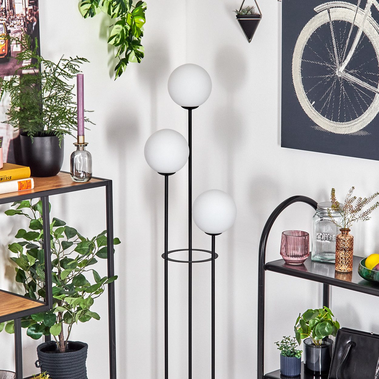 hofstein Stehlampe Stehlampe aus Metall/Holz/Glas in Schwarz/Hellbraun/Milchglas, ohne Leuchtmittel, Stehleuchte im Retro-Design m. Glasschirmen (15cm), Fußschalter, E14