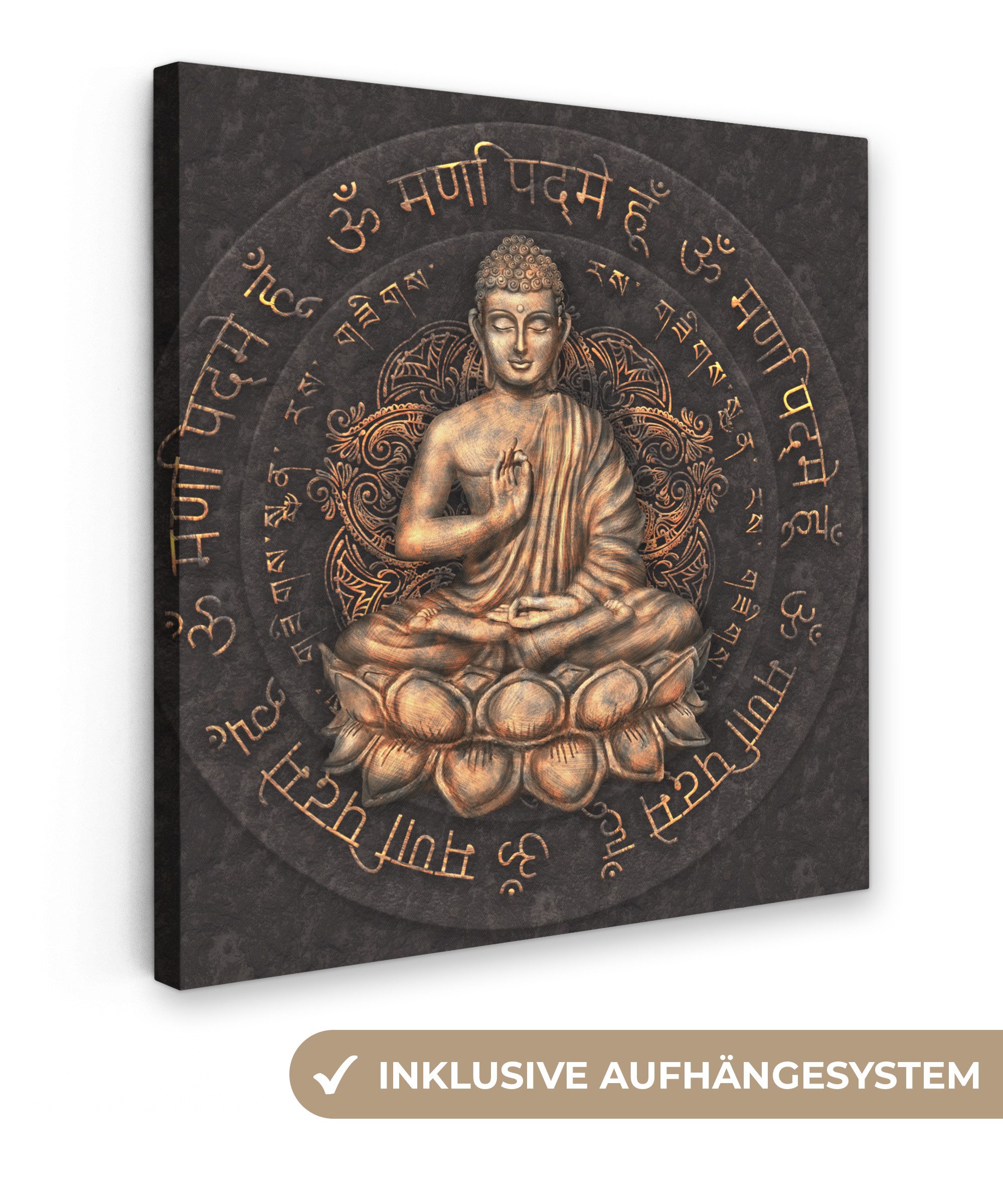 OneMillionCanvasses® Leinwandbild Buddha - Mantra - Meditation - Spirituell - Kupfer, Fotodruck (1 St), Wandbild, Deko Schlafzimmer Wohnzimmer Flur 20x20 cm