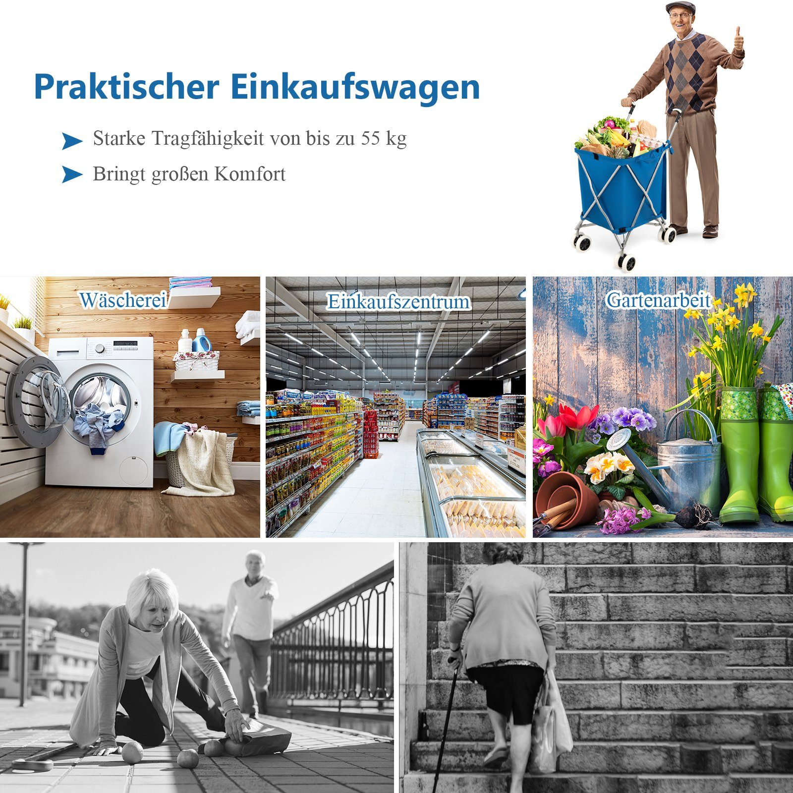 COSTWAY Einkaufstrolley, 90 l, bis 55 kg, mit Rädern & Griff, klappbar
