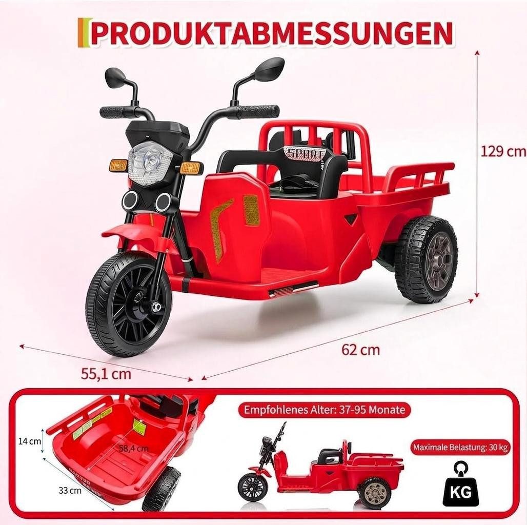 GarveeMore Elektro-Kinderauto 3-Rad Elektro-Fahrzeug für Kinder mit Anhänger & Schaufel, 12V