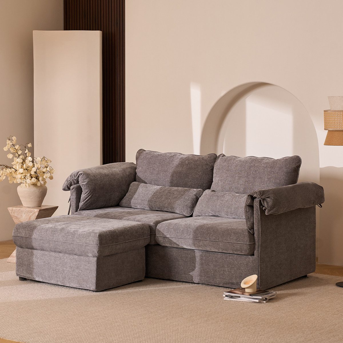LITBIRD Sofa 203 cm Modulares L-Sofa, Chenille Hellbraun, inkl. bewegliche Hocker, 1 Teile, Wechselbezug in Grau, Schaumstoffsitz mit Taschenfedern, Couch