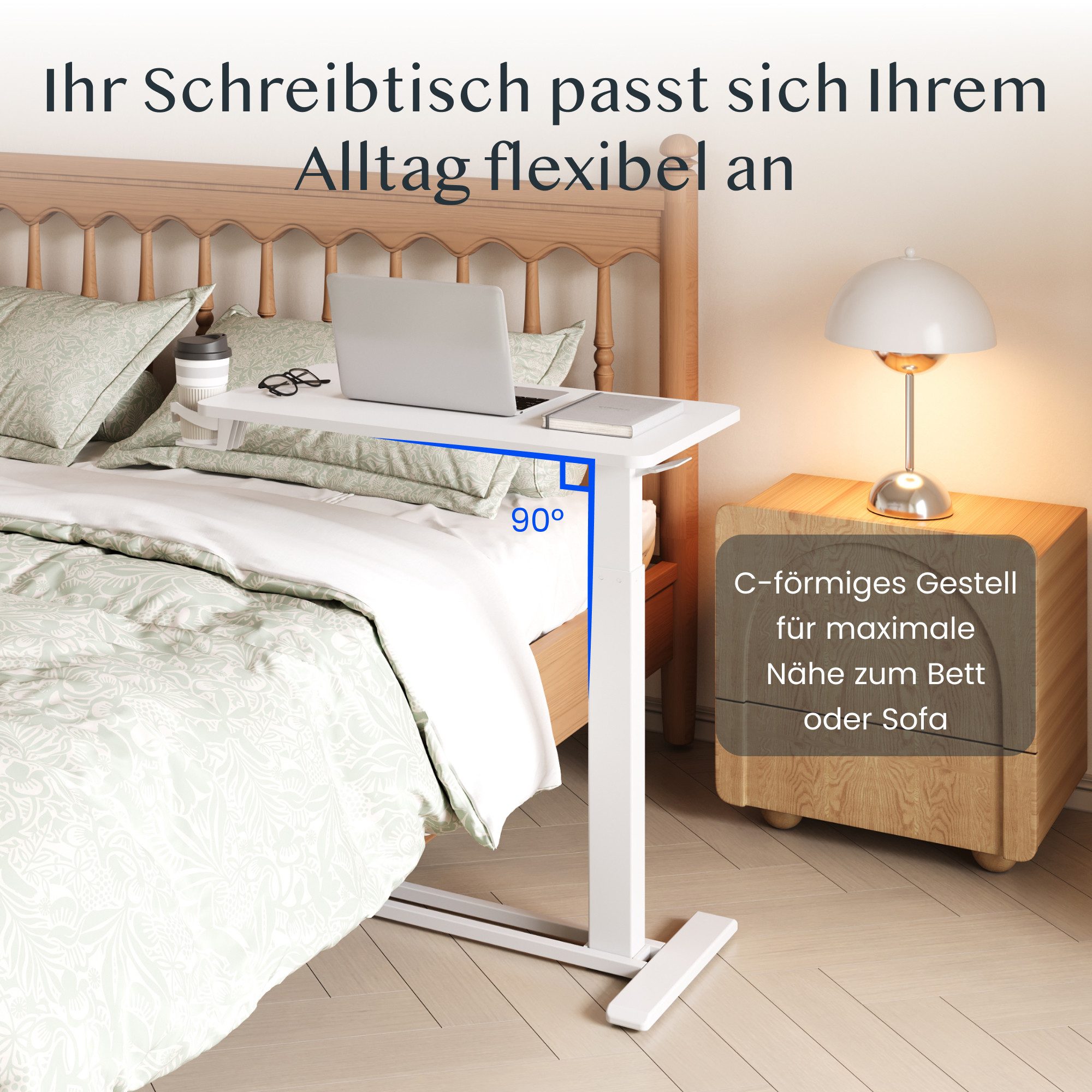 FLEXISPOT Beistelltisch Höhenverstellbar Betttisch, Laptoptisch (C-Form, ideal für Sofa, Bett & Lesestunden), mit stufenloser Höhenverstellung, 360° Rollen & einfacher Montage