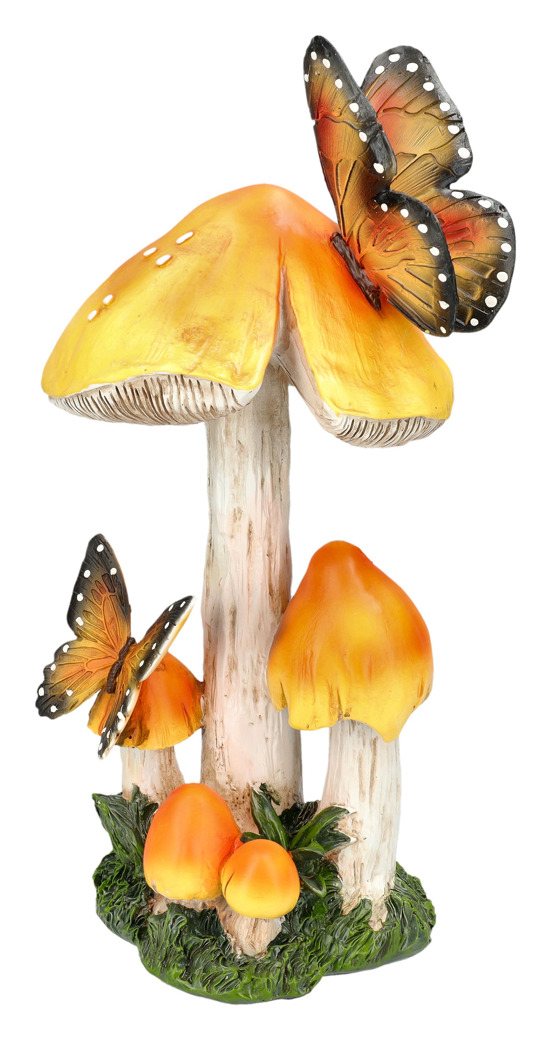 Figuren Shop GmbH Gartenfigur Gartenfigur Pilze mit Schmetterling – Dekofigur Statue wetterfest