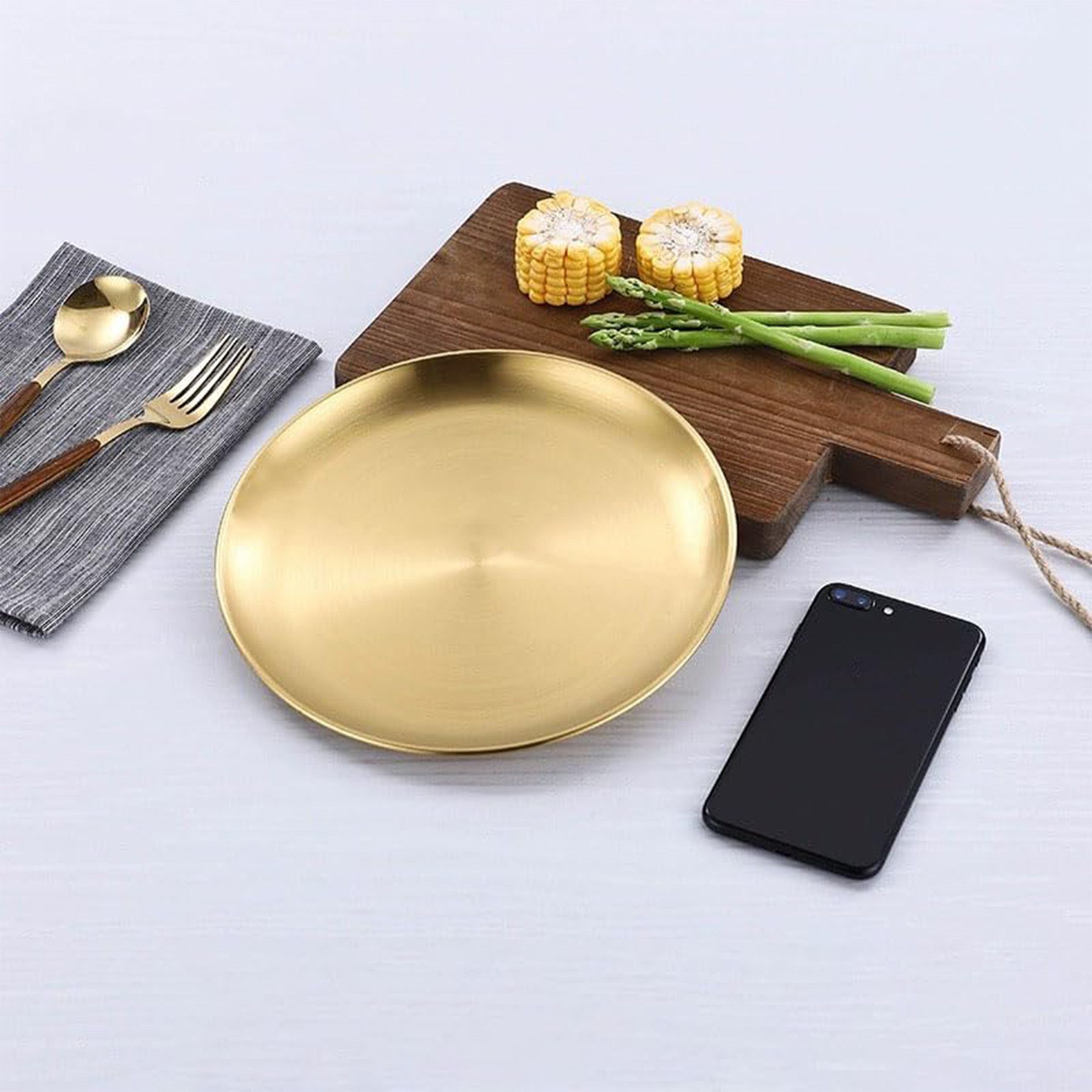 Mutig Speiseteller Gold Speiseplatte,Edelstahl,rundes,Tablett,Serviertablett,20 cm, Edelstahl Teller,für Küche Party Camping Weihnachten Restaurant