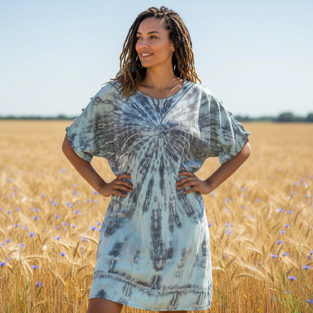 Guru-Shop Midikleid Schulterfreies Batikdress, Cold Shoulder.. Festival, Ethno Style, Hippie, alternative Bekleidung – Bild 2 von 5