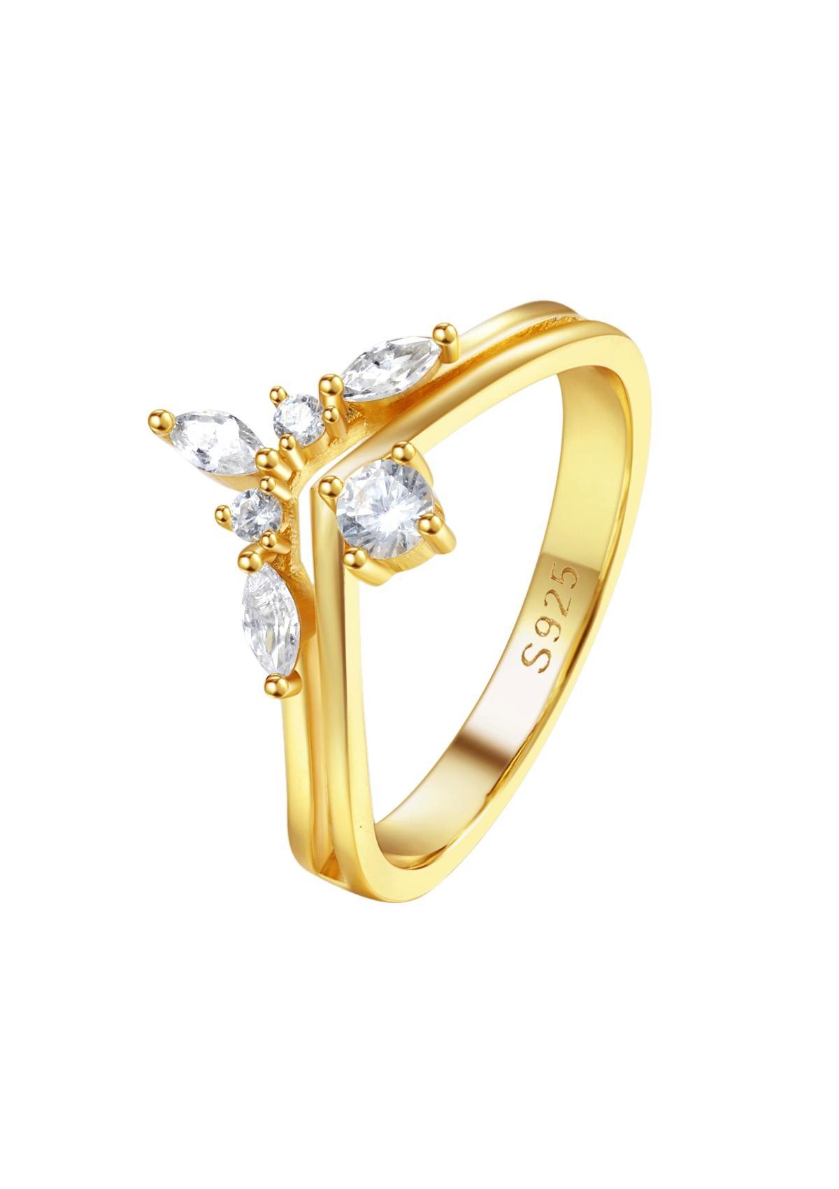 Hey Happiness Silberring Trauring Zirkonia Krone, 18K Gold Fingerring, Verlobungsring Damen 925 Silber Kristalle, Brautschmuck