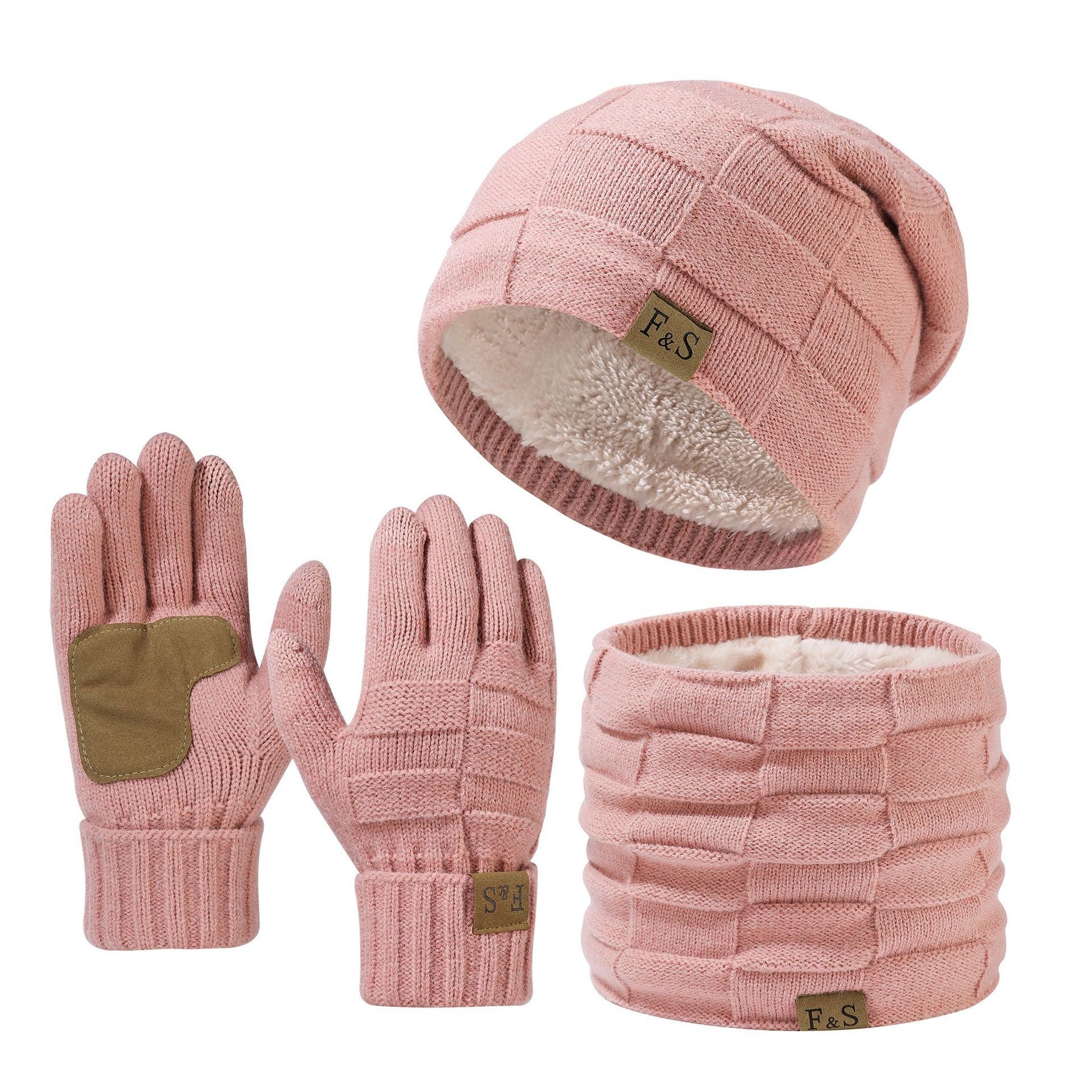 Coonoor Mütze & Schal Strickmütze, Schal und Handschuh-Set, Winterstrickmütze, Touchscreen-Handschuhe, gefütterter Kragen, Unisex