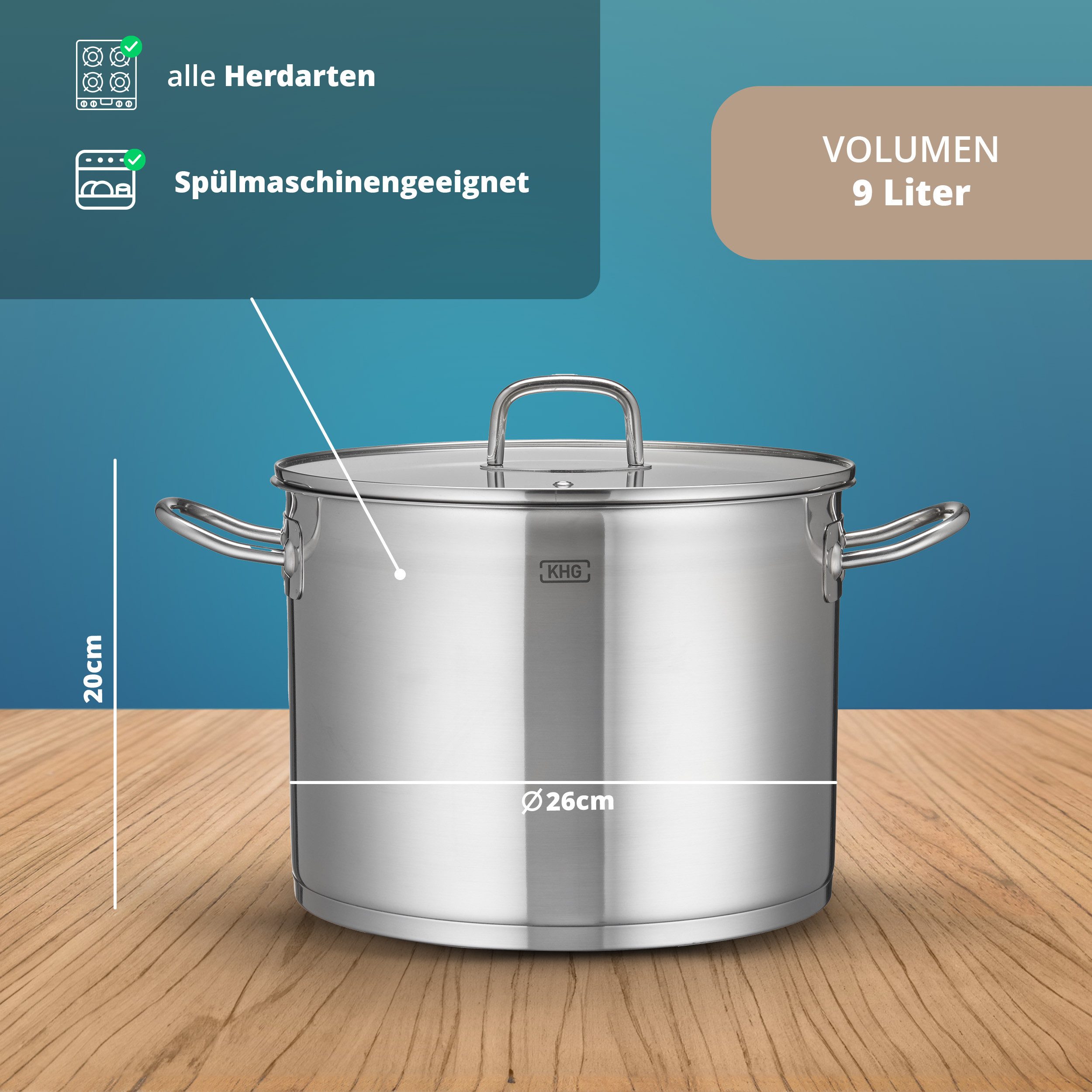 KHG Kochtopf Suppentopf 26 cm Durchmesser, inkl. Glasdeckel, Edelstahl, 9 Liter Volumen, Innenskala, für alle Herdarten inklusive Induktion