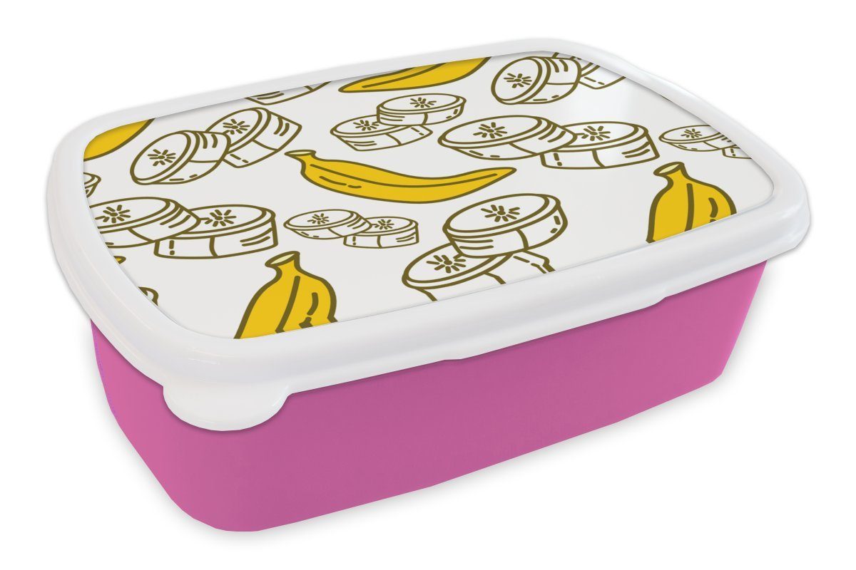 MuchoWow Lunchbox Banane - Muster - Obst, Kunststoff, (2-tlg), Brotbox für Erwachsene, Brotdose Kinder, Snackbox, Mädchen, Kunststoff rosa