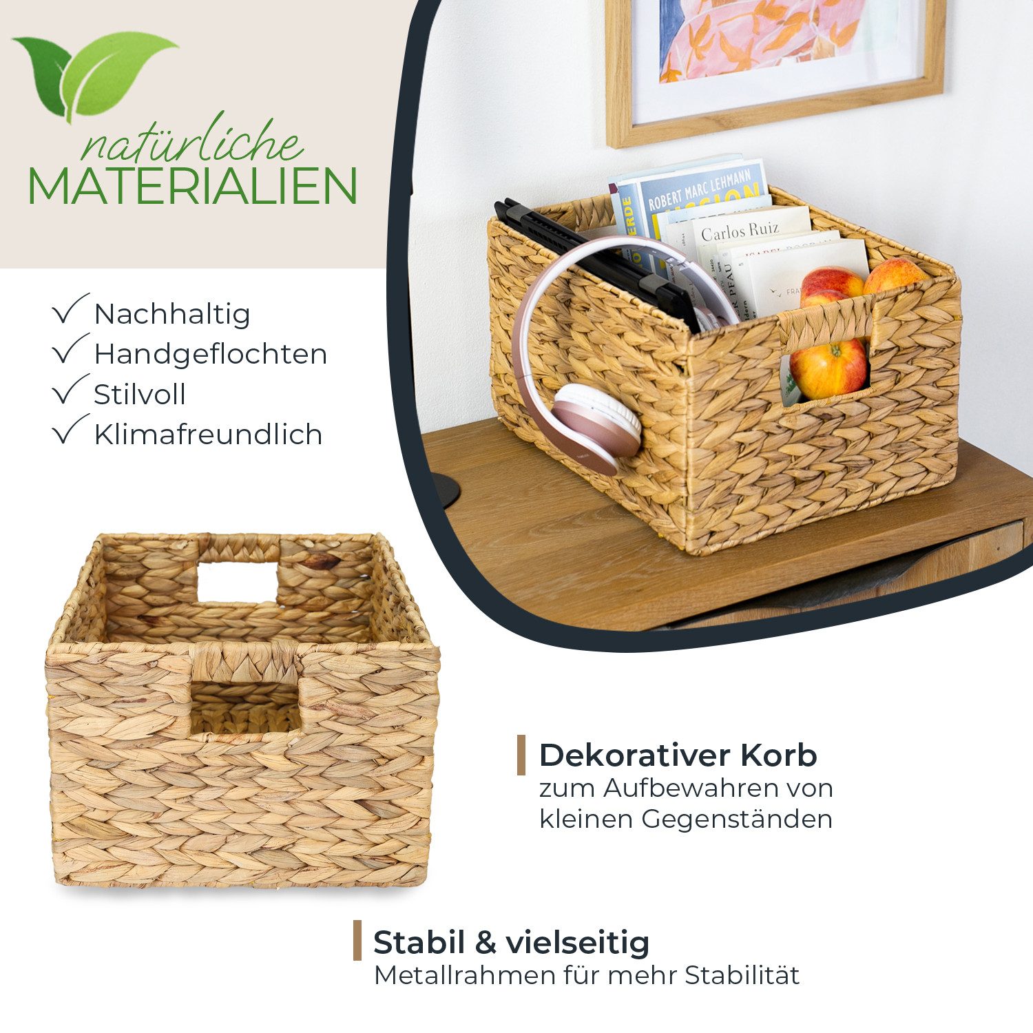HMF Aufbewahrungskorb Aufbewahrungskorb Wasserhyazinthe, Korb mit Griffen zur Aufbewahrung (1 St), für Badezimmer Küche und Wohnbereich, Größe L, 36 x 28 x 20 cm, Natur